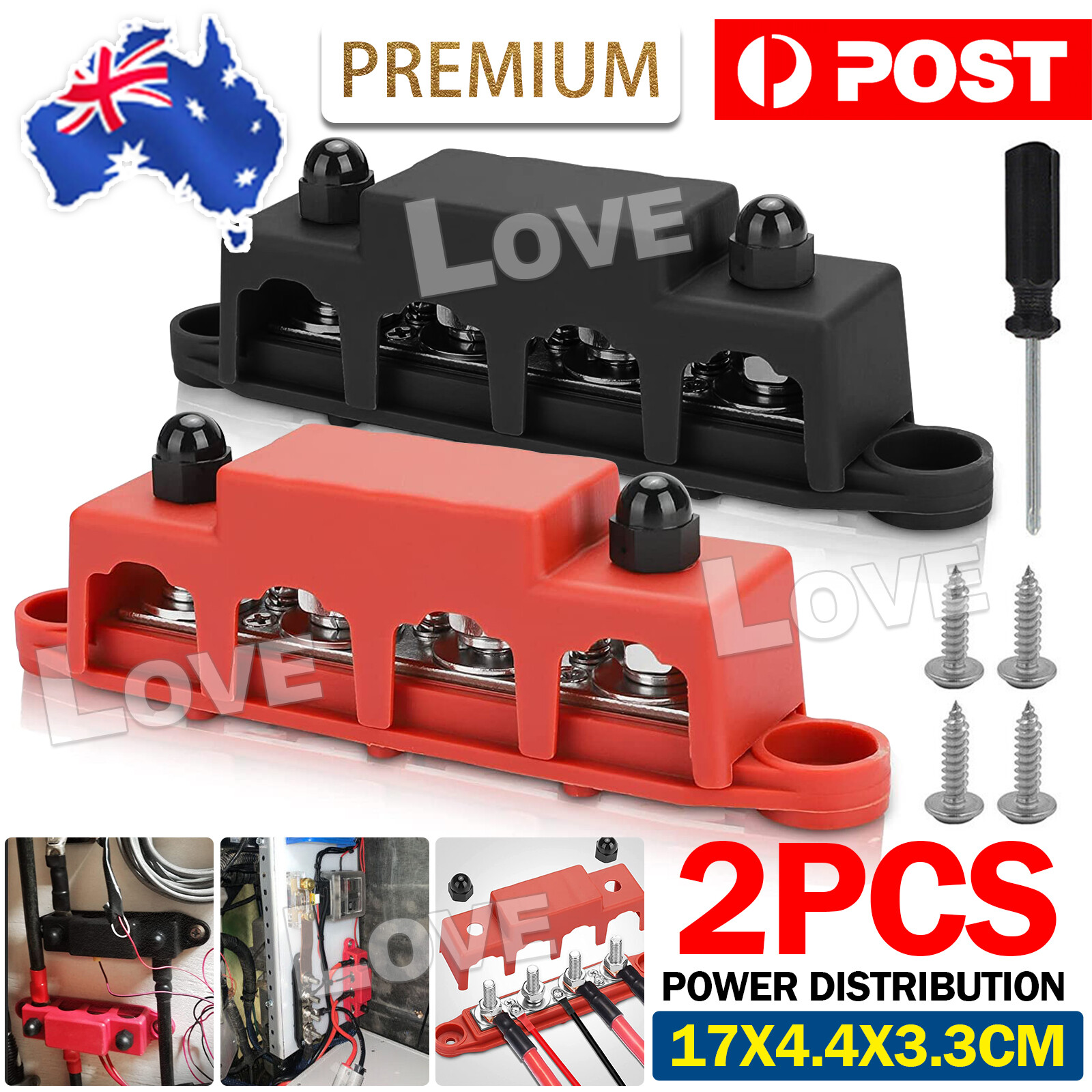 2pcs 4 Post Power Distribution Block Terminal Screw Bus Bar 250A 12V-48V DC M8