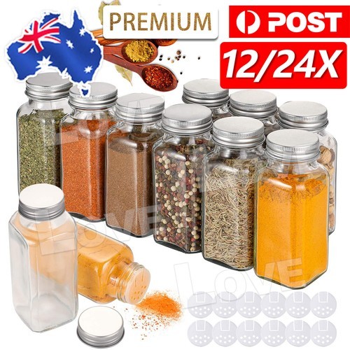 12/24x Clear Square Glass Jars Lid Spice Herb Seasoning Condiment Storage AU 4.3