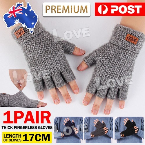 2x Winter Alpaca Wool Fingerless Gloves Thermal Mens Knitted Half Finger Mittens