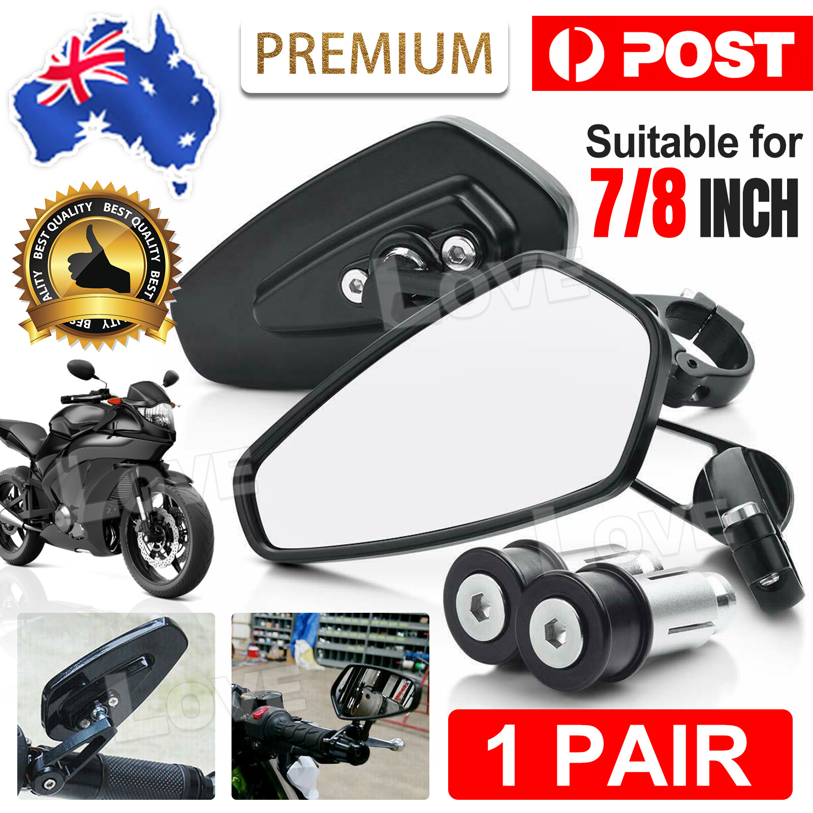 Universal Pair Motorcycle bike Bar End Mirrors Rear Side View Cafe Racer 7/8 AU