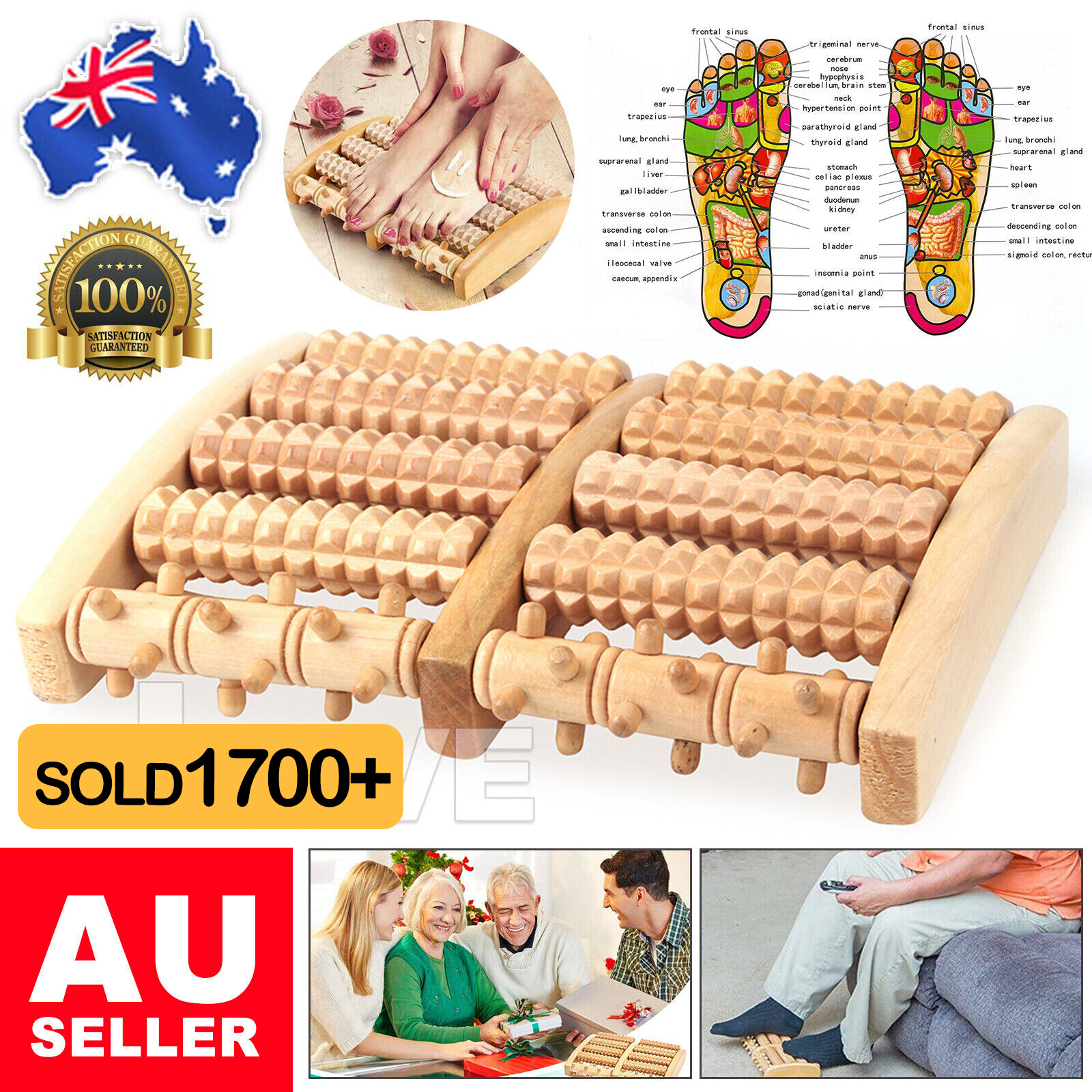 LARGE Wooden Foot Pain Massager 5 Roller Care Reflexology Relax Stress Relief Ne