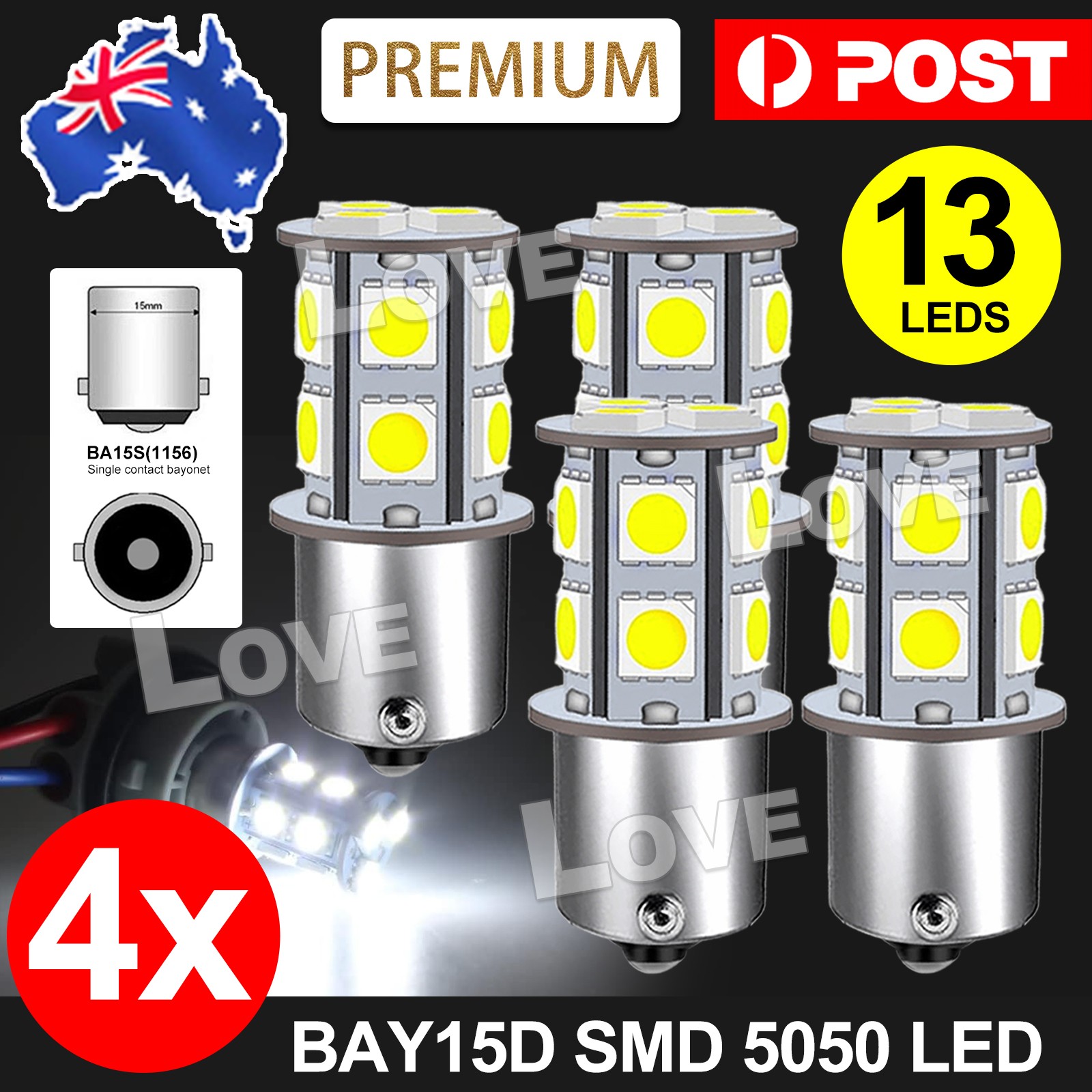 4pcs 12V BAY15D LED 13 SMD COOL WHITE LIGHT GLOBES 5050 Caravan Car AU Bulb Boot