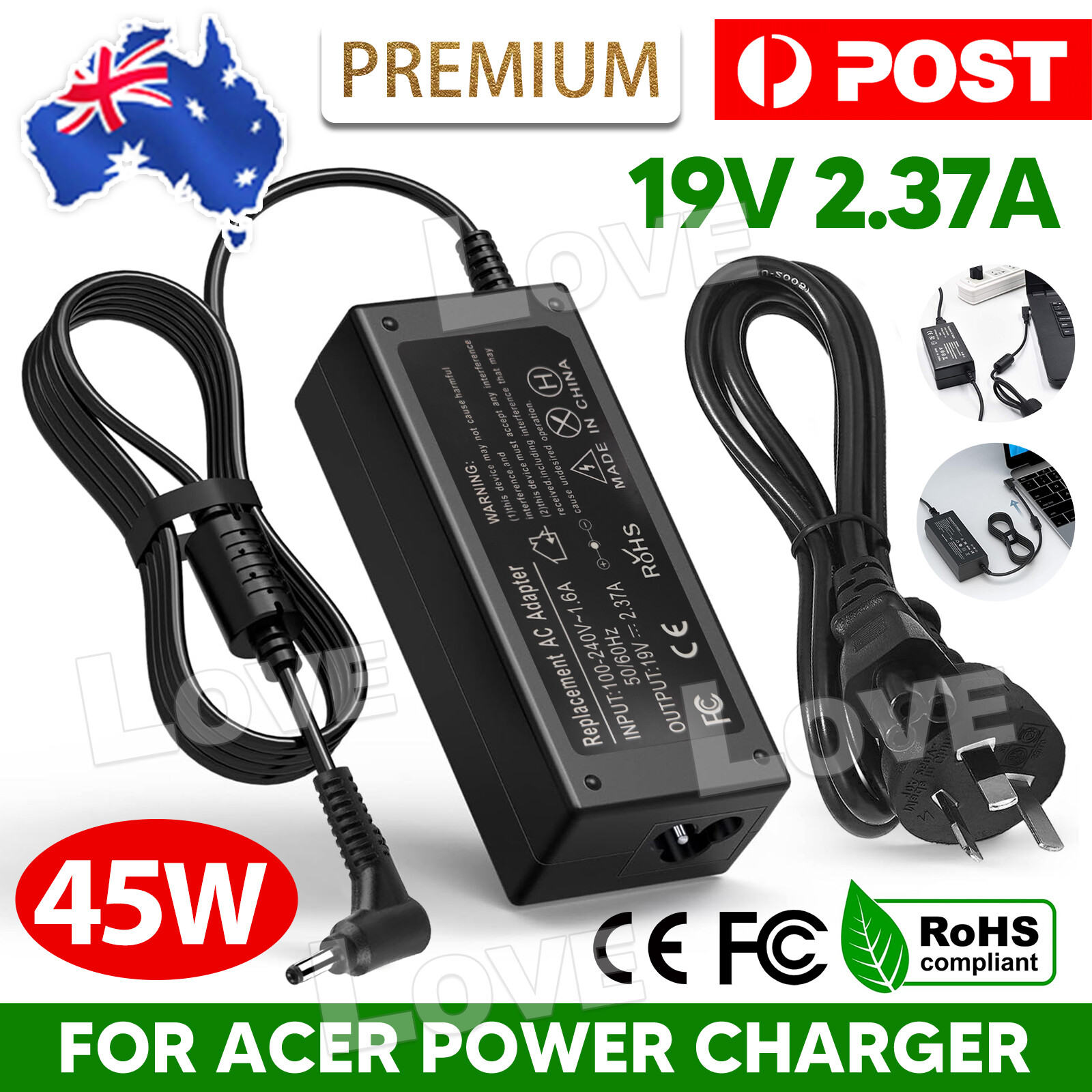 45W 19V 2.37A Laptop Charger AC Adapter For Acer Spin 3 SP314-53N 3.0 1.1mm as