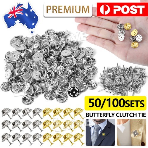 50/100pcs Butterfly Clutch Tie Tacks Pin Backs Replacement With Blank AUS 8MM