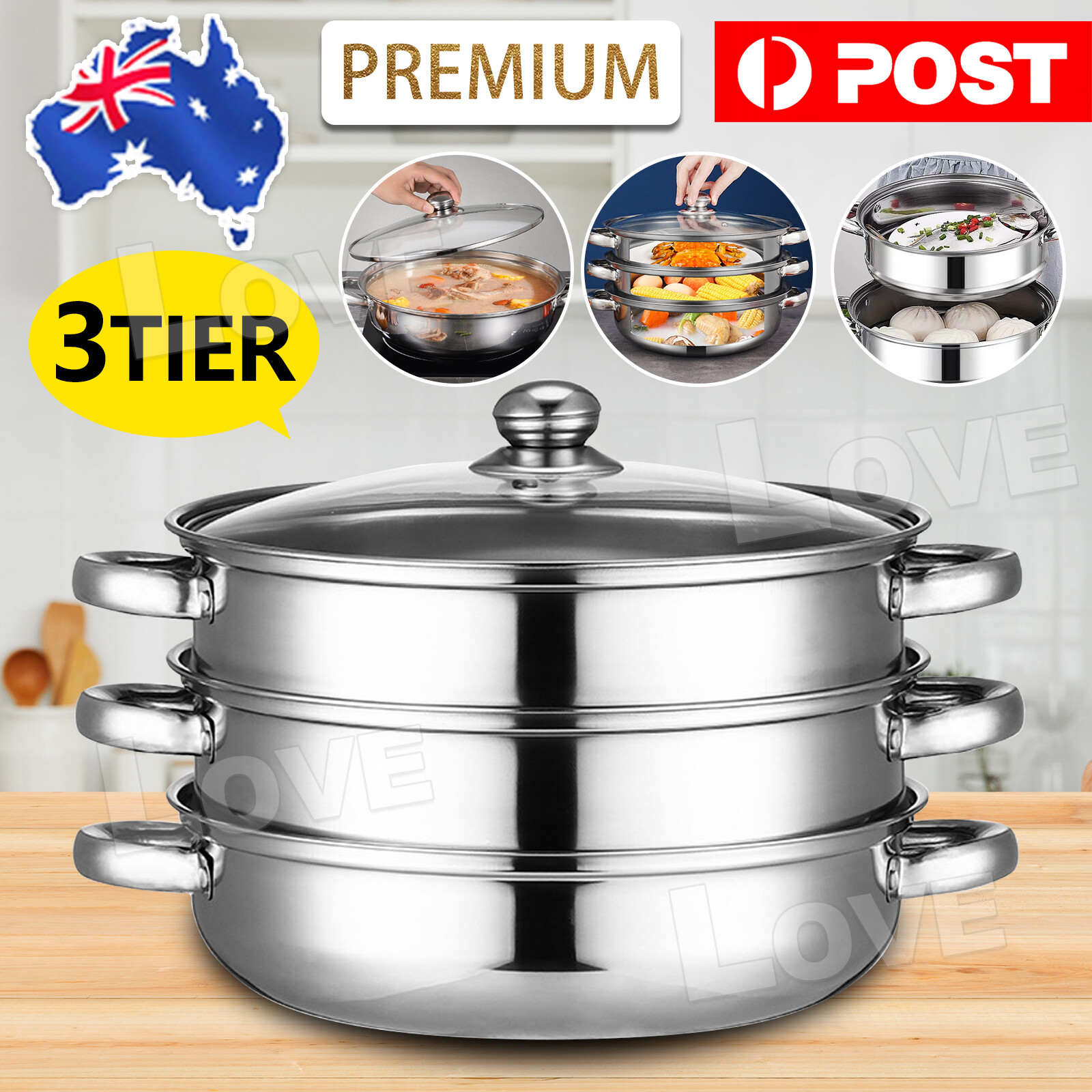 3 Tier Stainless Steel Steamer Meat Vegetable Pot Steaming Cookware Kitchen Tool