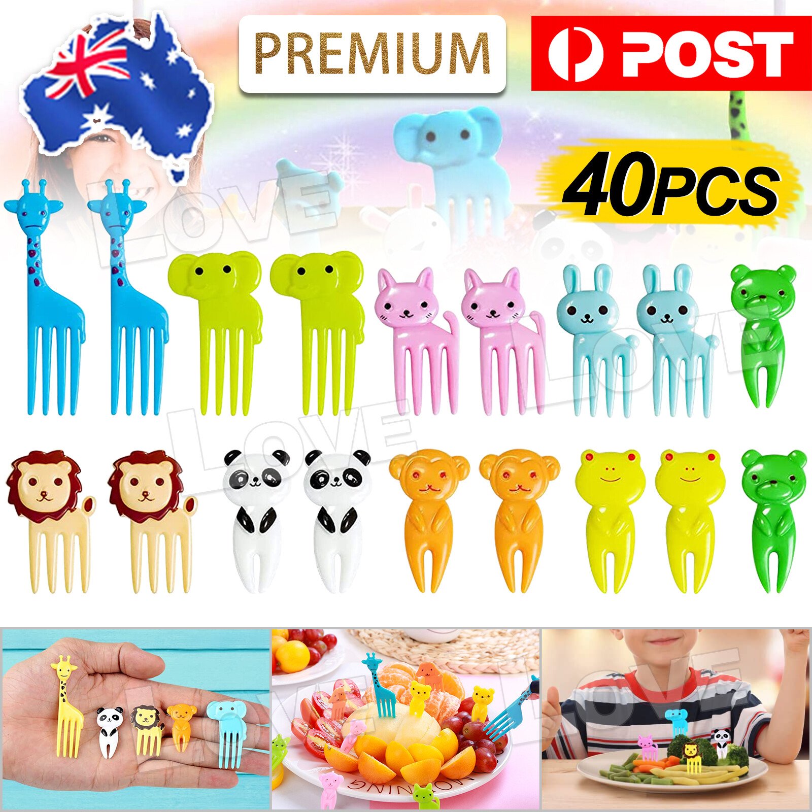 40Pcs Fruit Forks Mini Cartoon Eye Snack Dessert Cake Animal Decor Food Picks PP