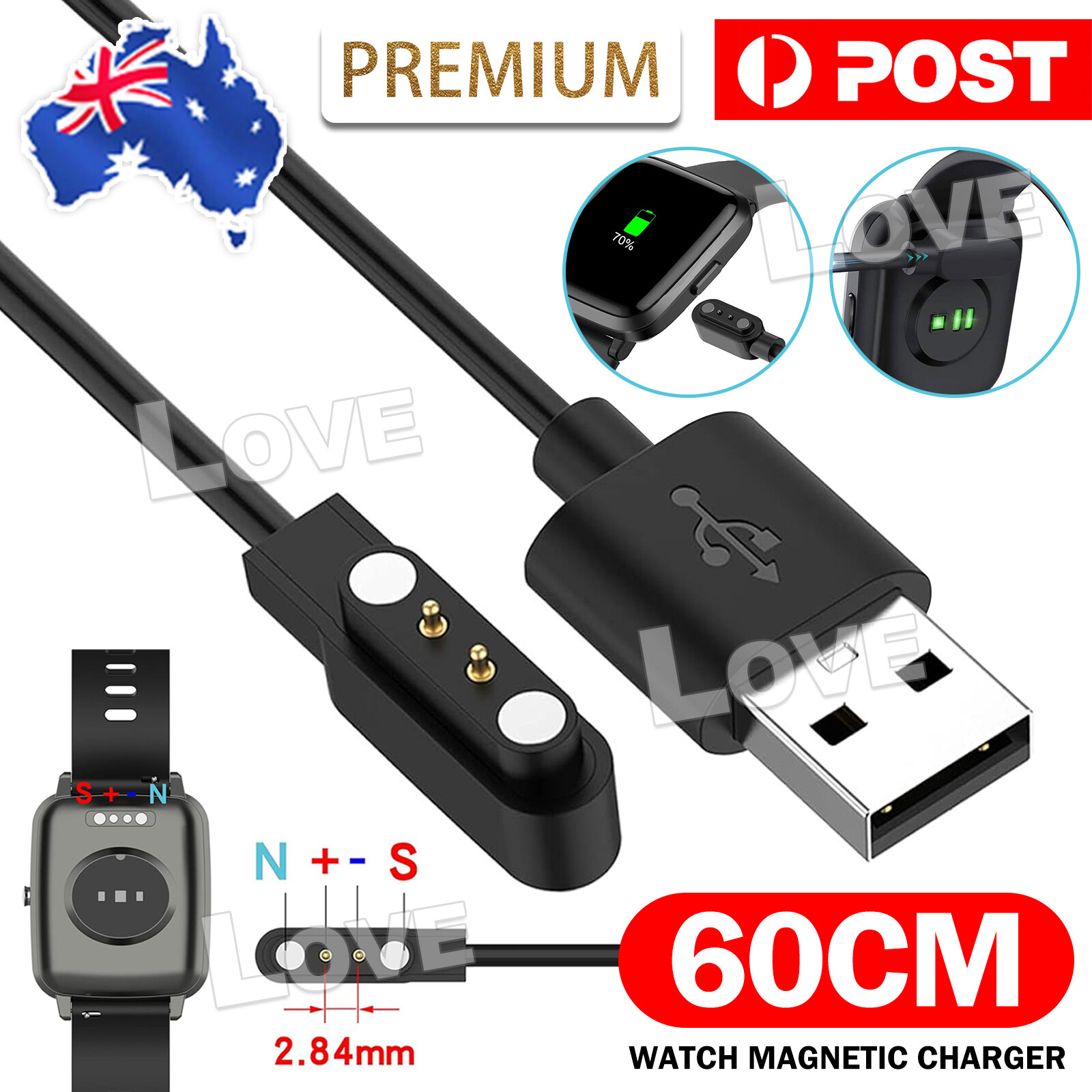 2-Pin Universal USB Data Charging Cable Magnetic Charger For Smart Watch 60CM As