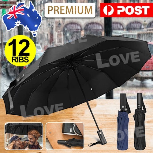 12Ribs Automatic Folding Umbrella Windproof Auto Open Compact With Fiberglass AU