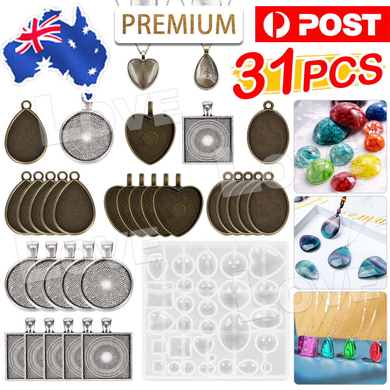 31Pcs Resin Casting Molds Silicone Pendant Jewelry Mould Craft Kit Tool AU White