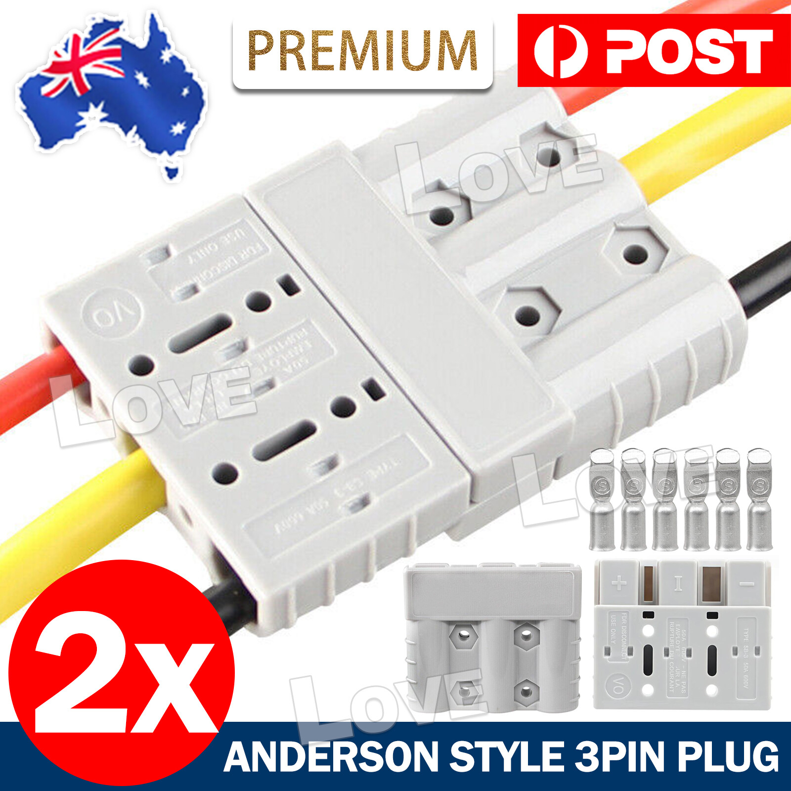 2X Anderson Style 50A 3Pin 3Pole Plug for DCDC Charger Wiring AU JG_503P Gray