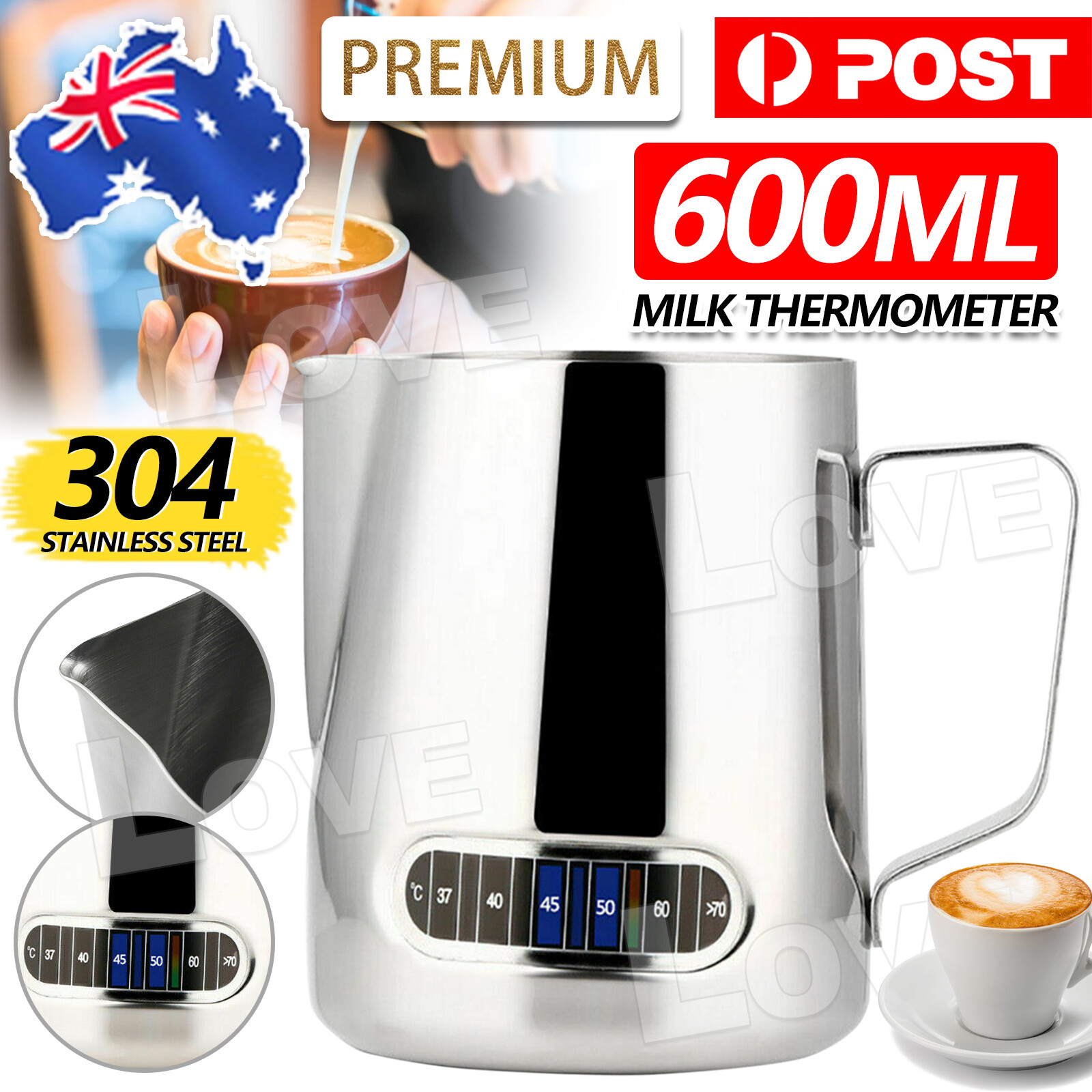 600ml Milk Frothing Thermometer Espresso Coffee Pitcher Stainless Steel Jug AU