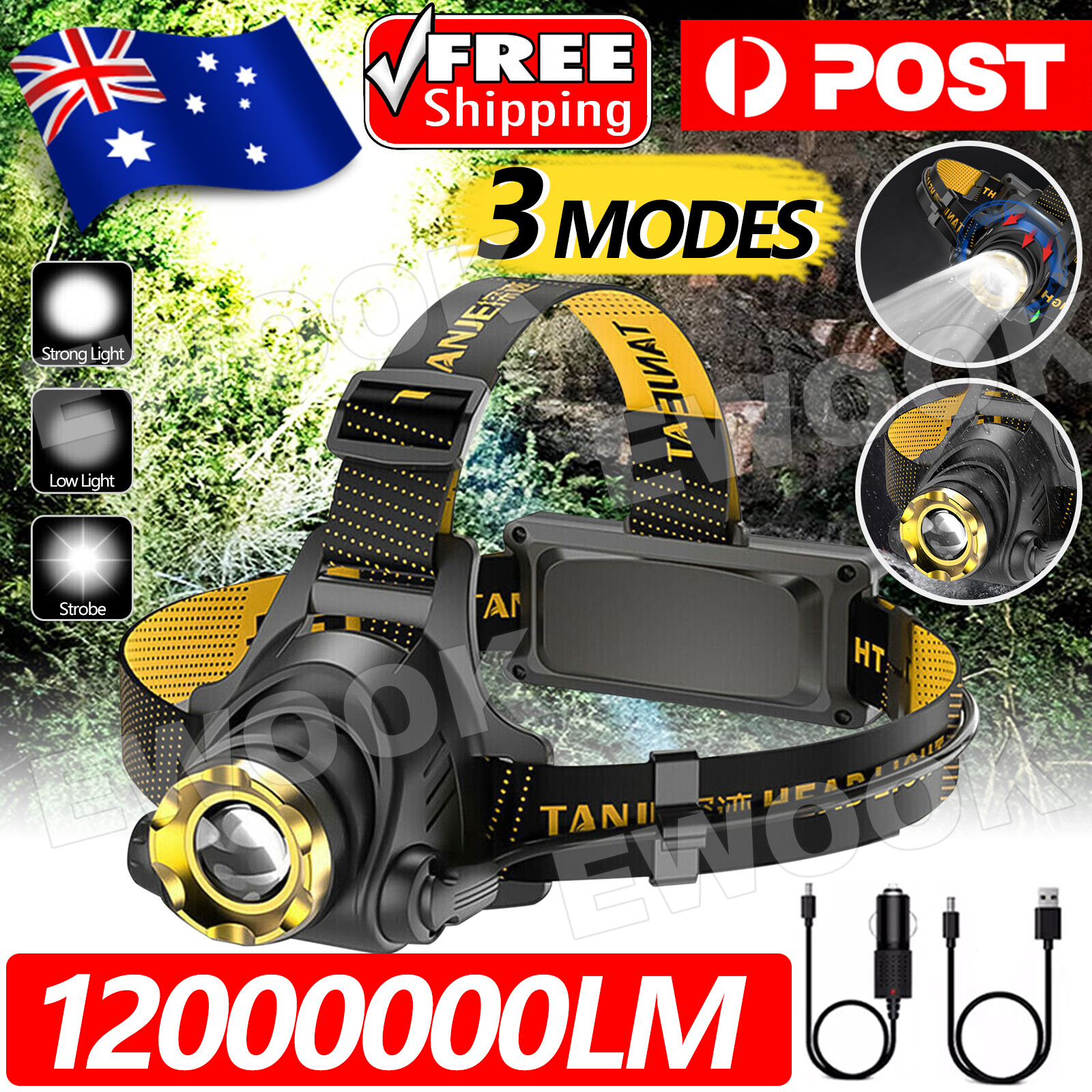 Unbrand 12000000lm LED Headlamp USB Rechargeable Headlight Head Torch Lamp Black