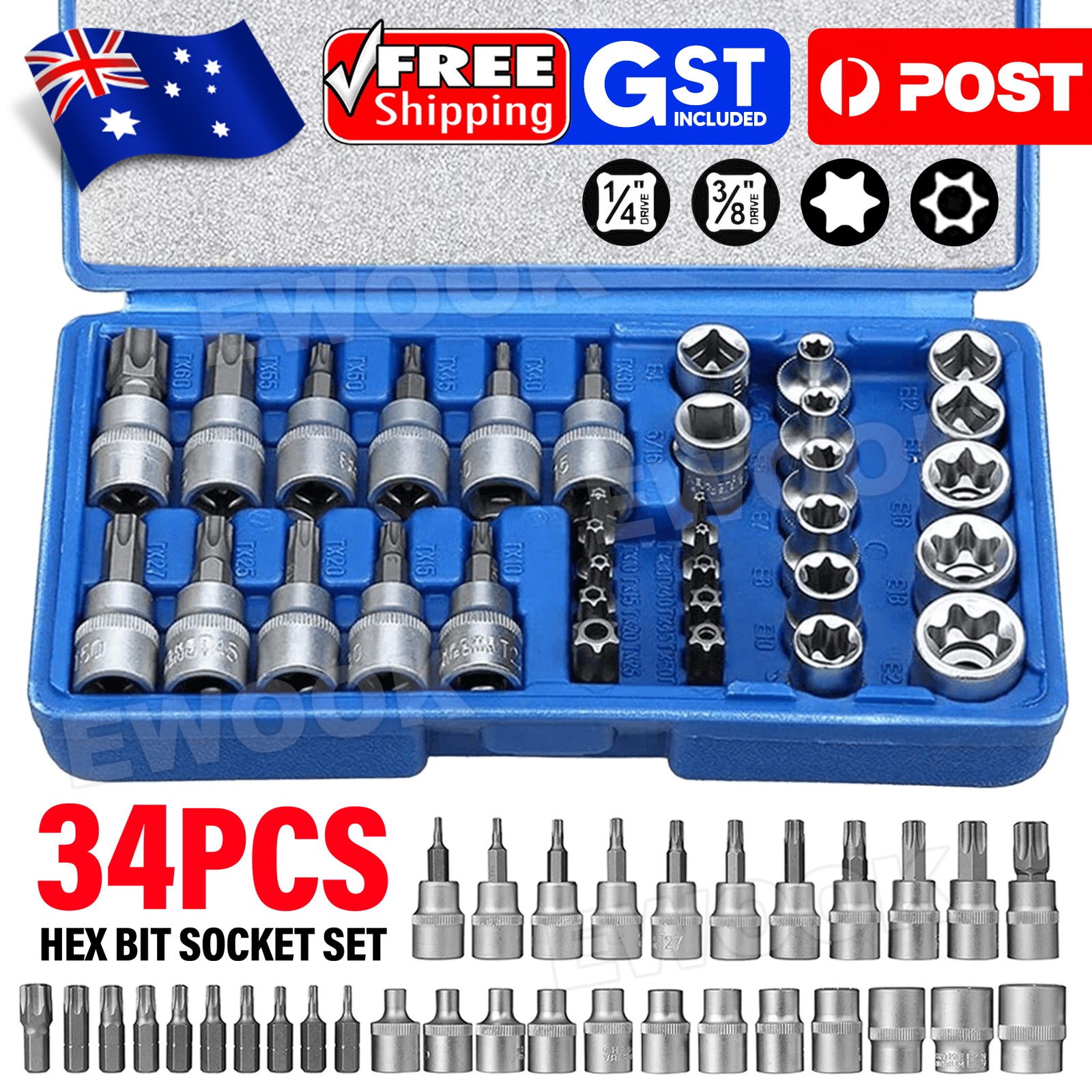 34 pcs E-Torx Socket Set 3/8 1/4 Drive Star Hex Bit External Torque Tool Blue