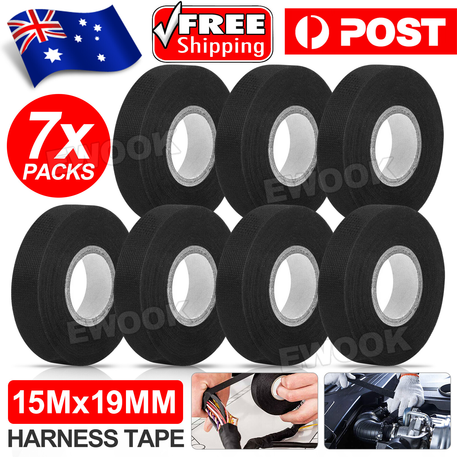 7Roll Electrical Harness Tape Wire Loom Cloth Noise Damping Heat Proof 19mmX15M