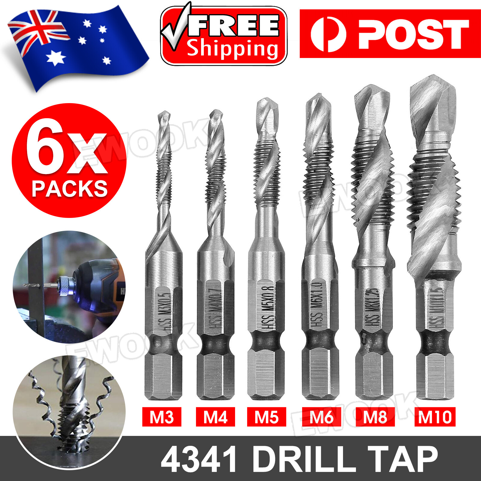 AU 6X HSS Hex Shank Tap Drill Bits Metric Thread Screw Compound Tapping Set Tool