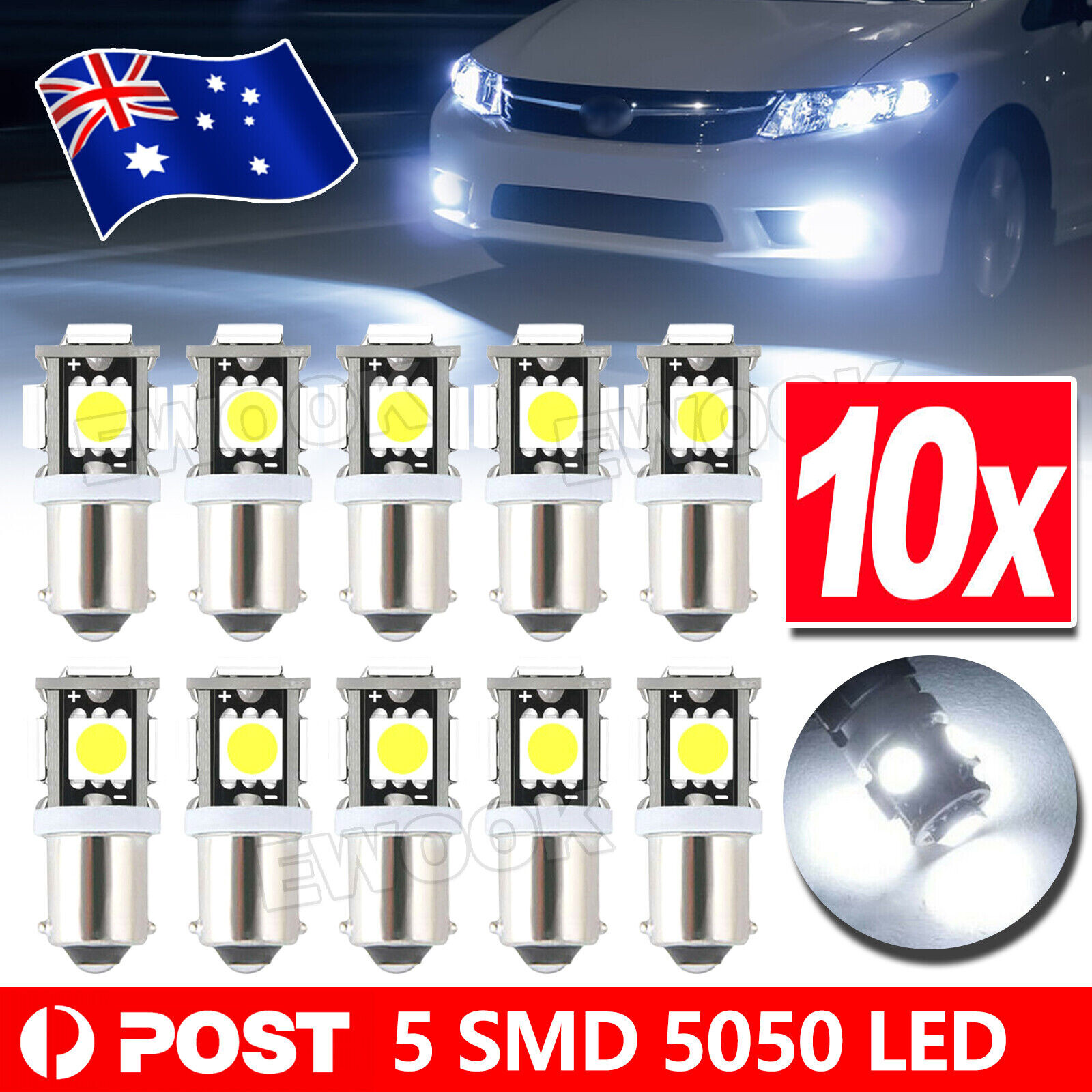 10x BA9S Bayonet LED Light Bulb 5SMD 5050 White Parker 12V Car Globes Interior