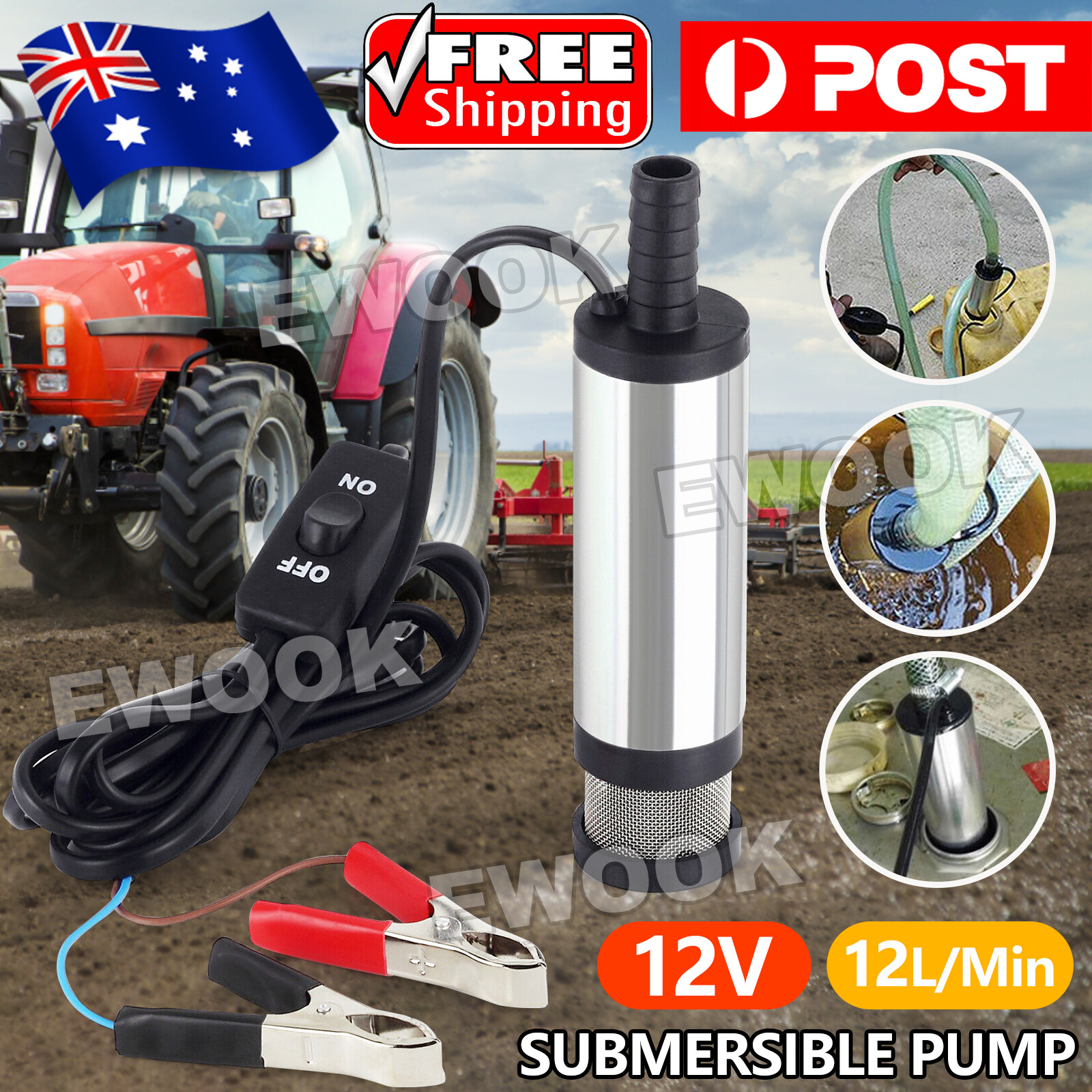 12V Aluminium Diesel Fuel Pump Submersible Transfer Vessel Water Oil Auto Car OZ