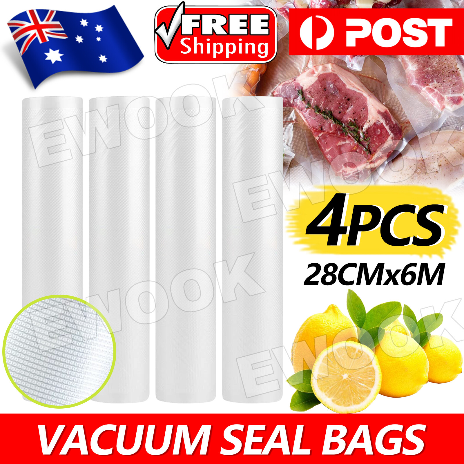 4x Vacuum Food Sealer Roll Bags 6m 28cm Saver Seal Storage Heat Commercial White