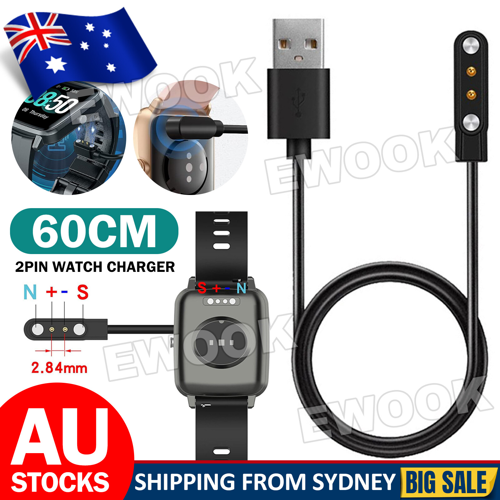 2-Pin Universal USB Data Charging Cable Magnetic Charger For Smart Watch 60CM As