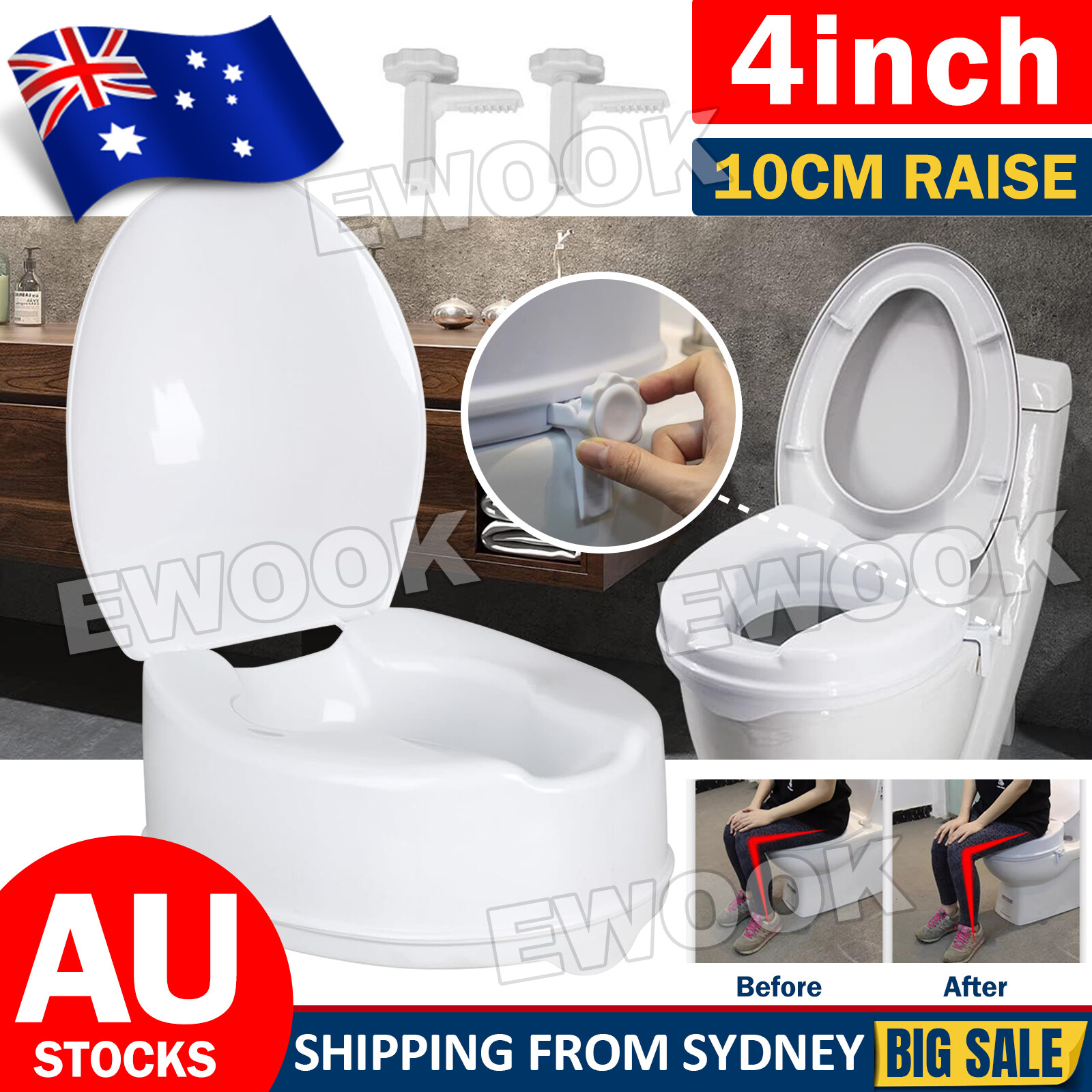 Raised Toilet Seat With Lid 10cm Rise Portable Home Aid Safety Riser Elderly AUS