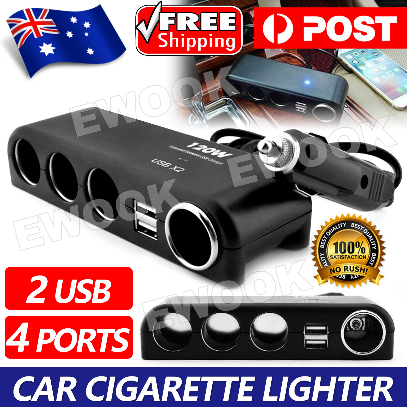 4 Way 12V 24V Multi Socket Car Cigarette Lighter Splitter USB Charger Adapter