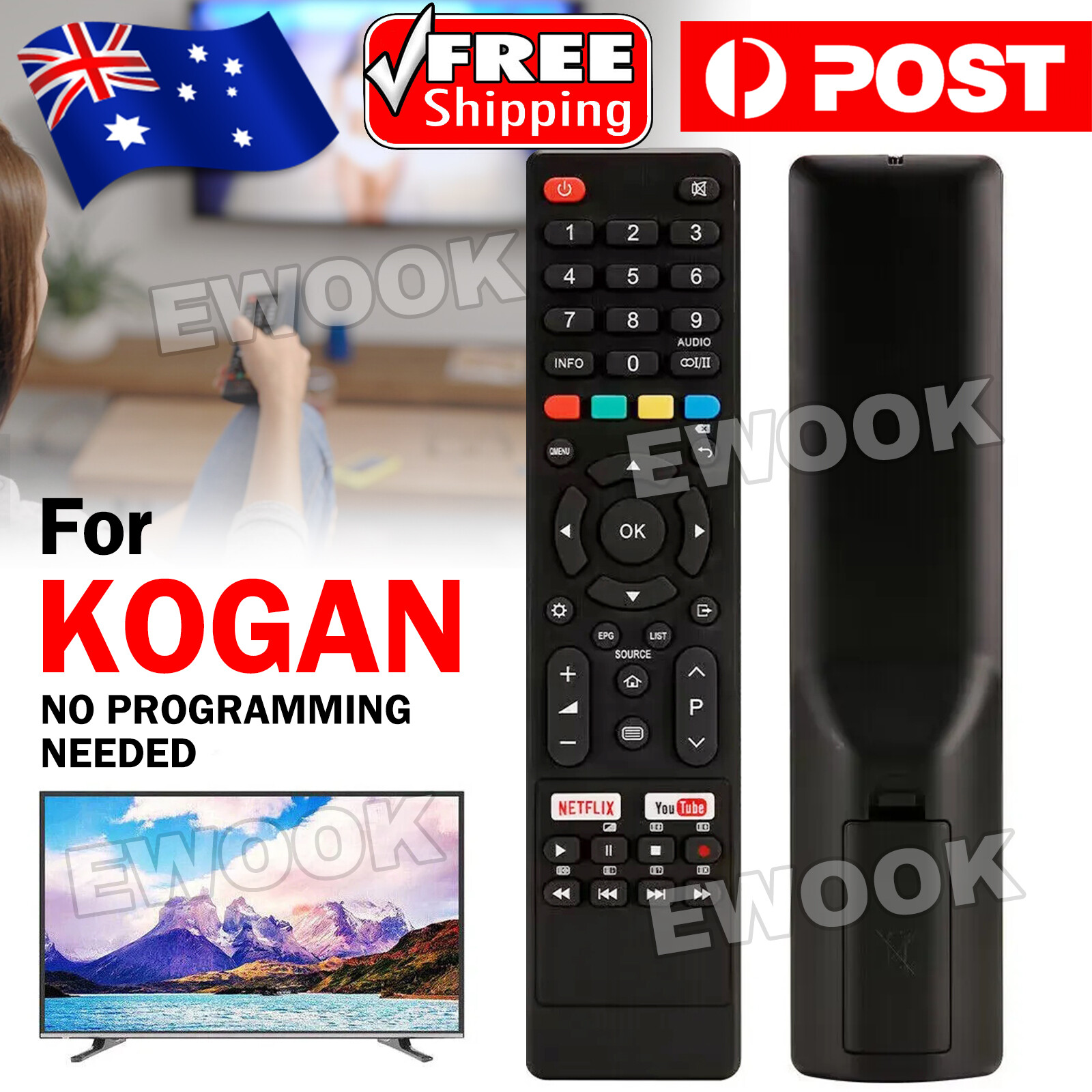Replacement TV Remote Control for Kogan Smart with NETFLIX YOUTUBE key AU Black