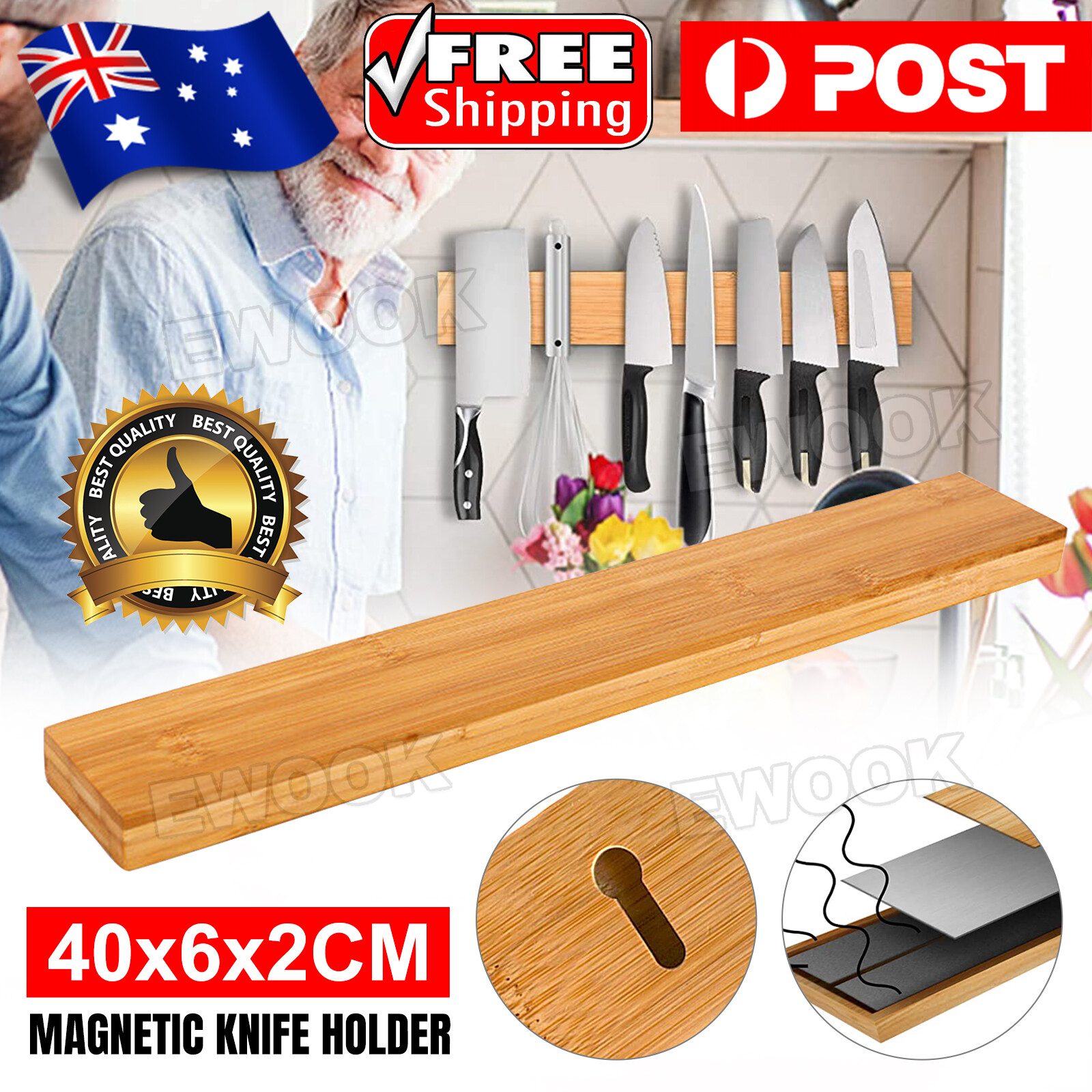 Bamboo Magnetic Knife Storage Cutlery Holder Stand Rack Block Kitchen Bar As