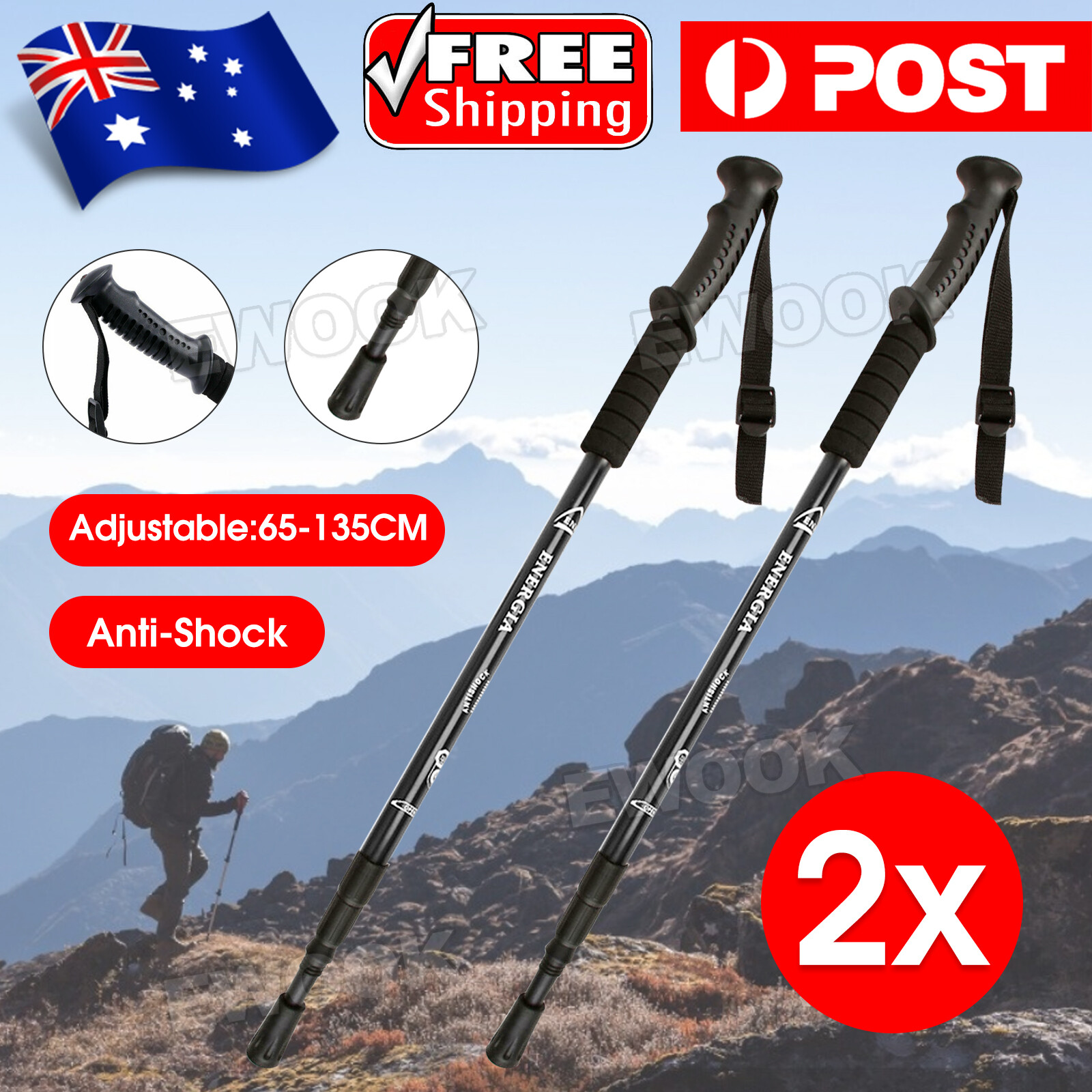 2x Hiking Trekking Poles Walking Stick Adjustable Camping Black Lightweight