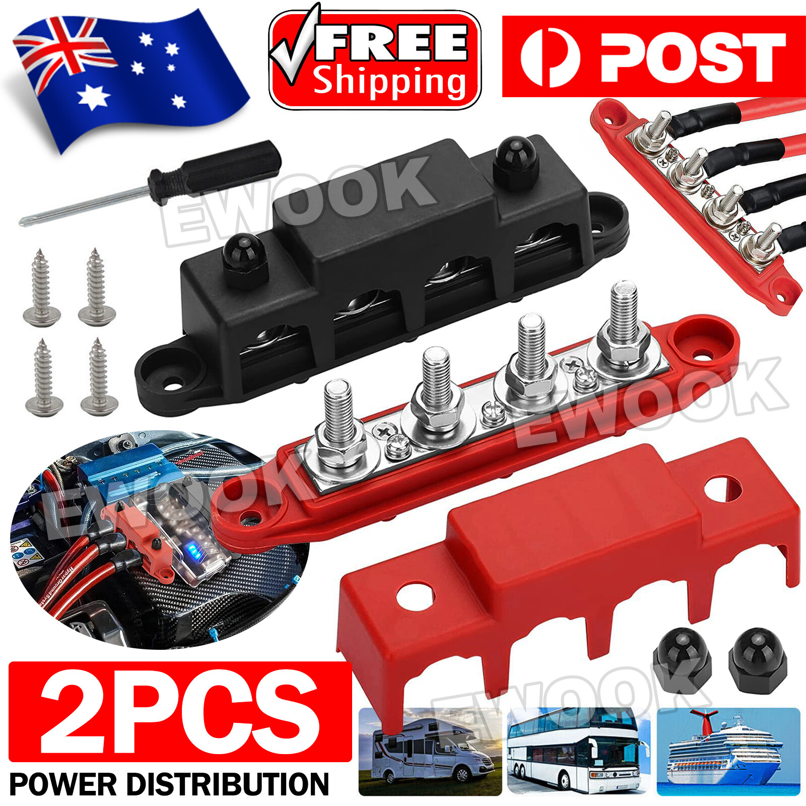 2pcs 4 Post Power Distribution Block Terminal Screw Bus Bar 250A 12V-48V DC M8