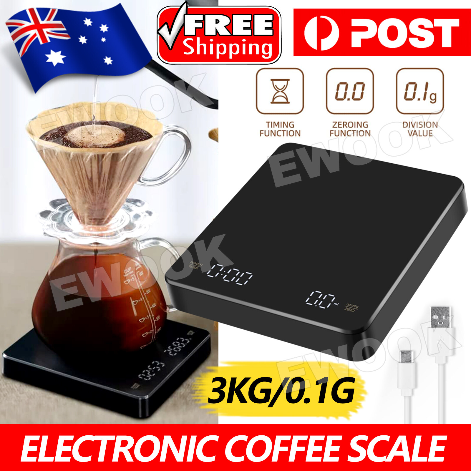Electronic Digital Coffee Scale With Timer Precision High Display 3Kg/0.1g AU 1
