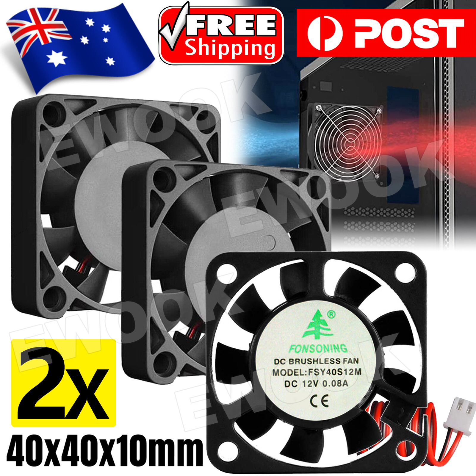 2x Brushless Silent Compute Fan 40mmx40mmx10mm DC 12V PC Case Cooling Universal