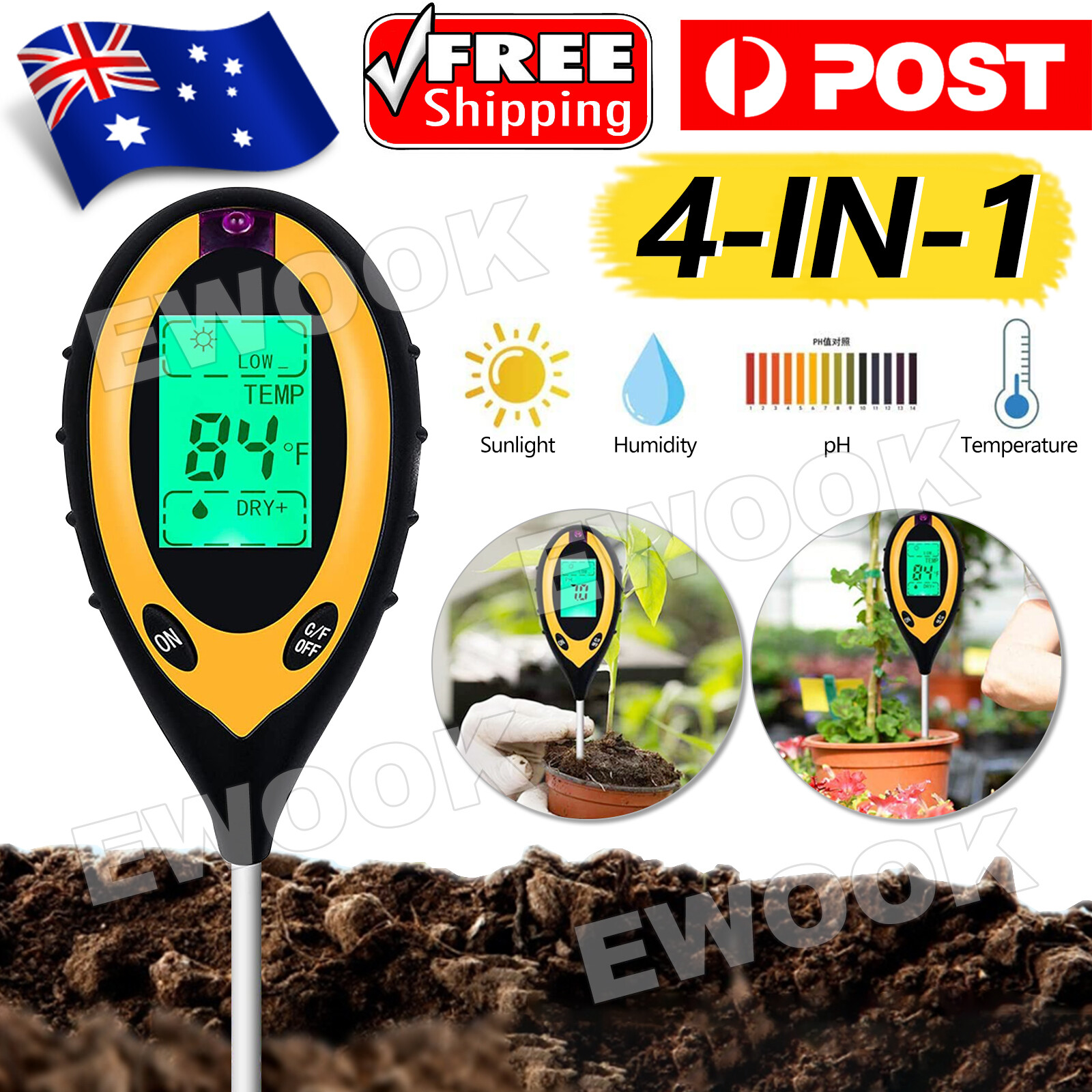 4 in 1 Soil PH Tester Moisture Sunlight Light Test Meter for Garden Farm Plant