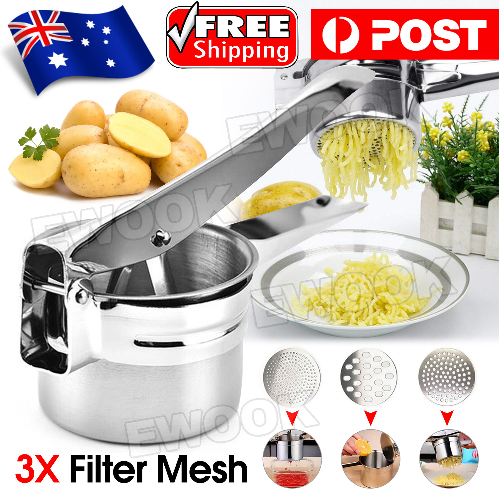 Potato Ricer Masher Fruit Press With 3 Discs Professional All Stainless Steel AU