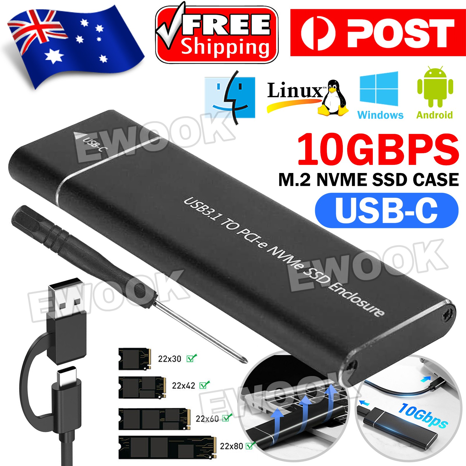 USB 10Gbps To M.2 NVMe SSD External Enclosure Storage Case Box USB-C Type Drive
