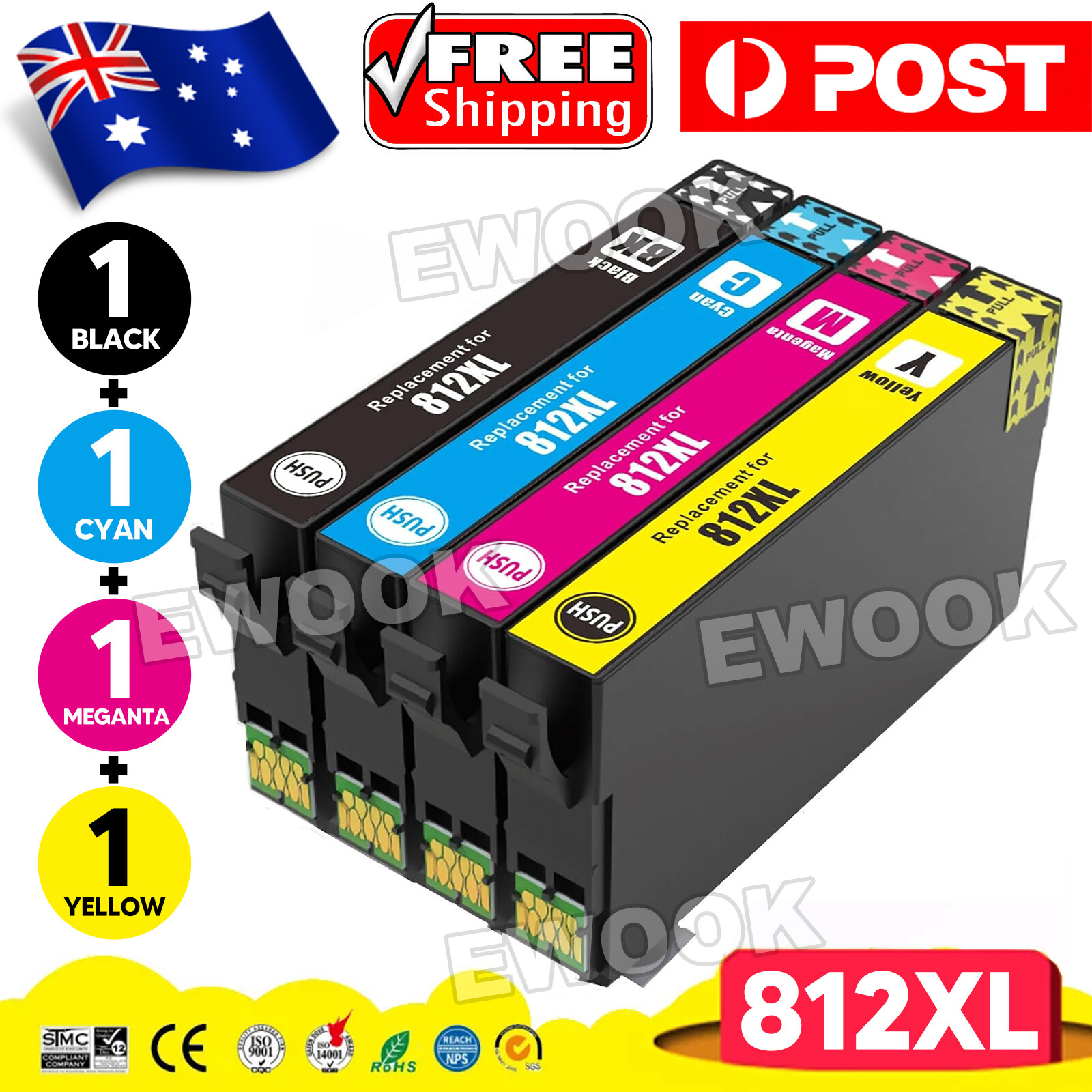 4x 812XL 812 XL Compatible Ink Cartridges For EPSON WF3820 WF3825 WF4830 WF4835