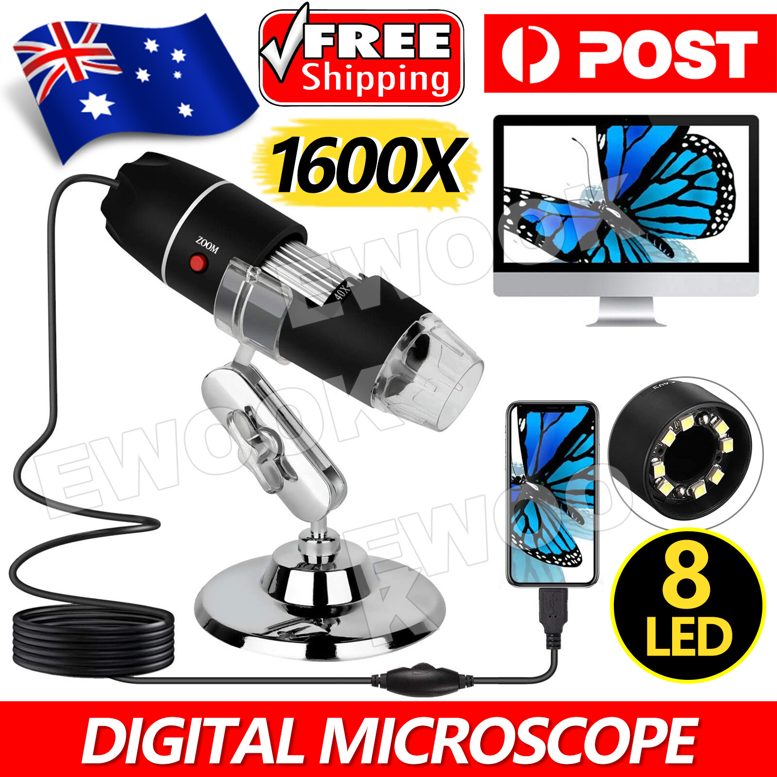 1600X Microscope 8LED Camera Magnifier Tool USB Digital for Android Mac Widows