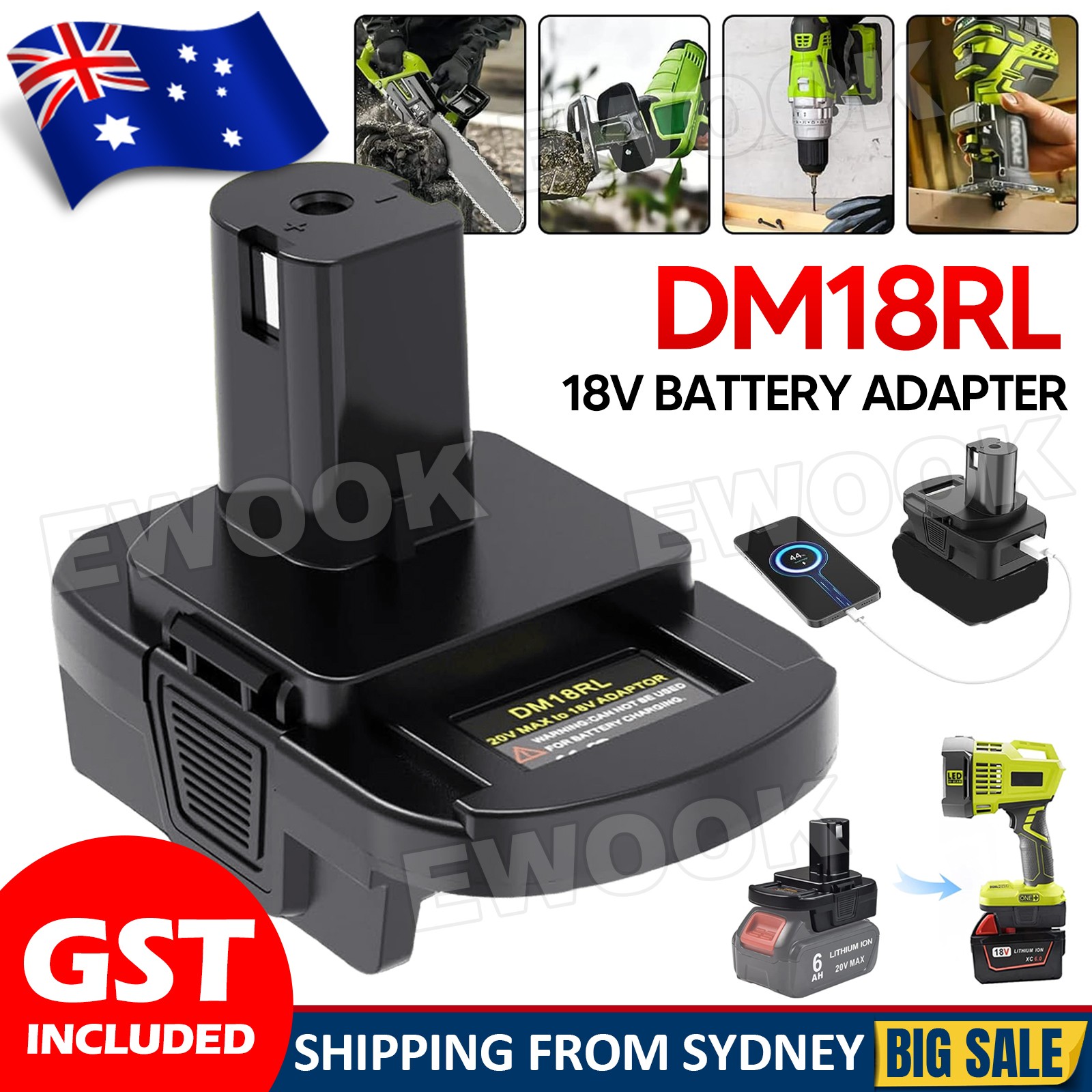Battery Convert Adapter For Milwaukee dewalt to Ryobi 18V Tools 9x9x13cm Black