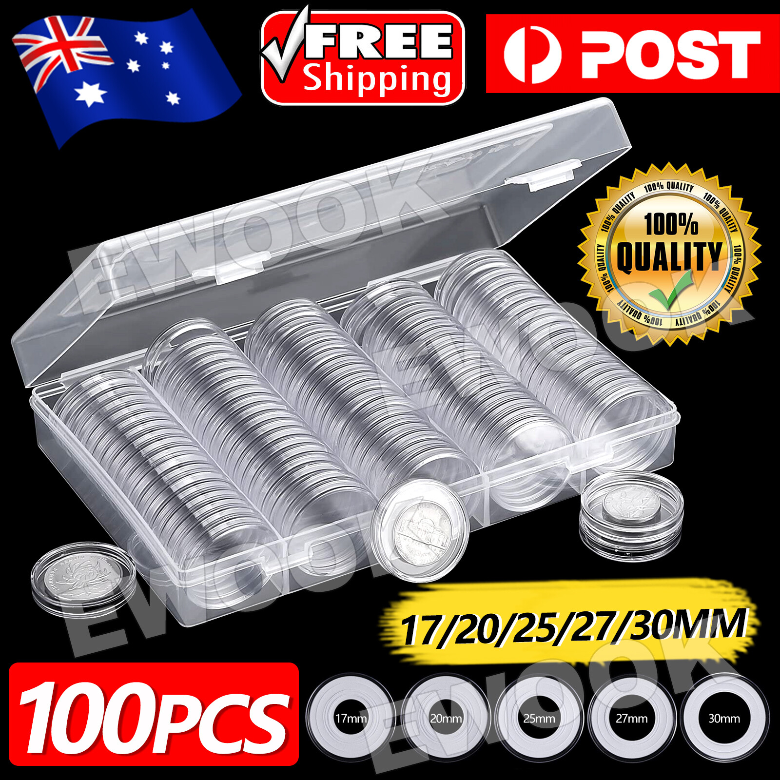100pcs Coin Storage Box Case Capsules Holder Clear Plastic Round 20MM 25mm 30mm