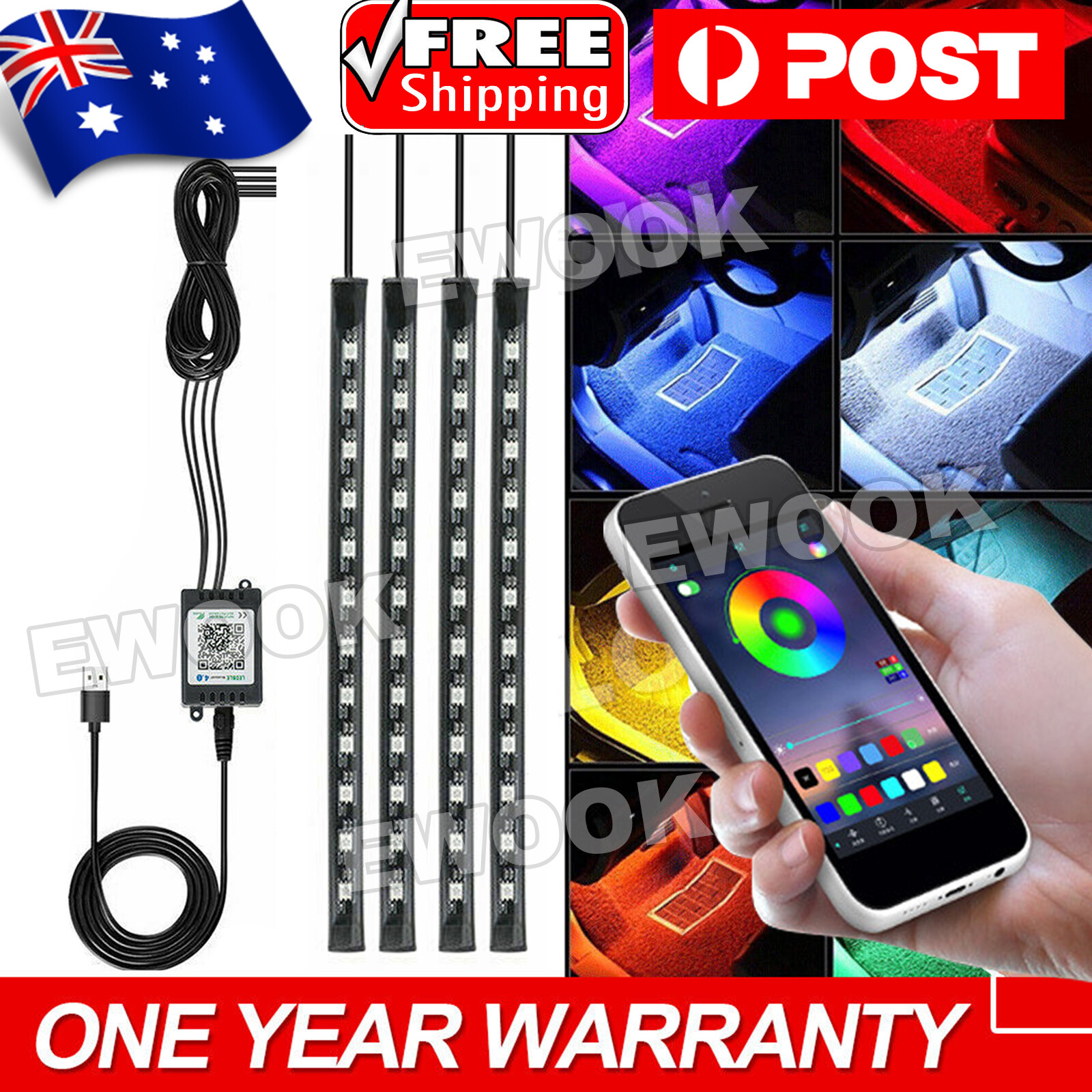 Unbranded/Generic 4X 5V 12LED RGB Car Interior LED Strip Lights Wireless Remote