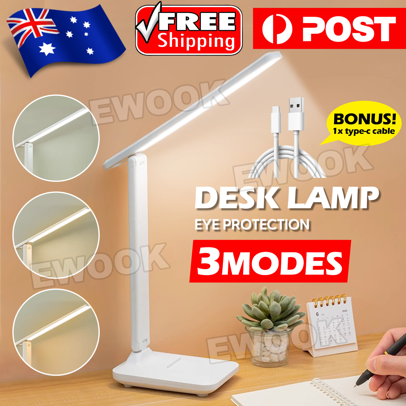 Touch LED Desk Lamp Bedside Study Reading Table Light Dimmable USB Rechargeable