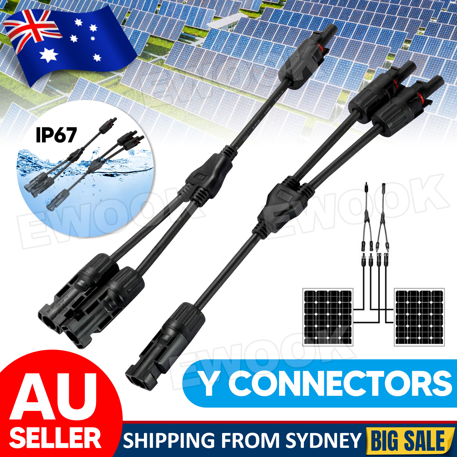 1 Pair Solar Connector Cable Plug Inline PV Panel IP67 2 connection AU Portable