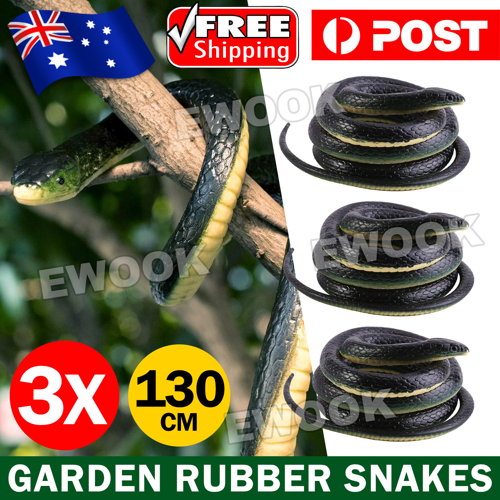 3PCS Garden Rubber Snakes Realistic Trick Toy Simulation Whimsy Joke Scary 130CM
