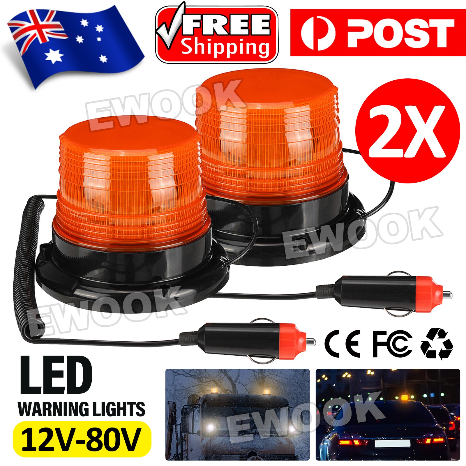 2x 12V 12 LED Flashing Magnetic Beacon Strobe Emergency Warning Light Amber AU