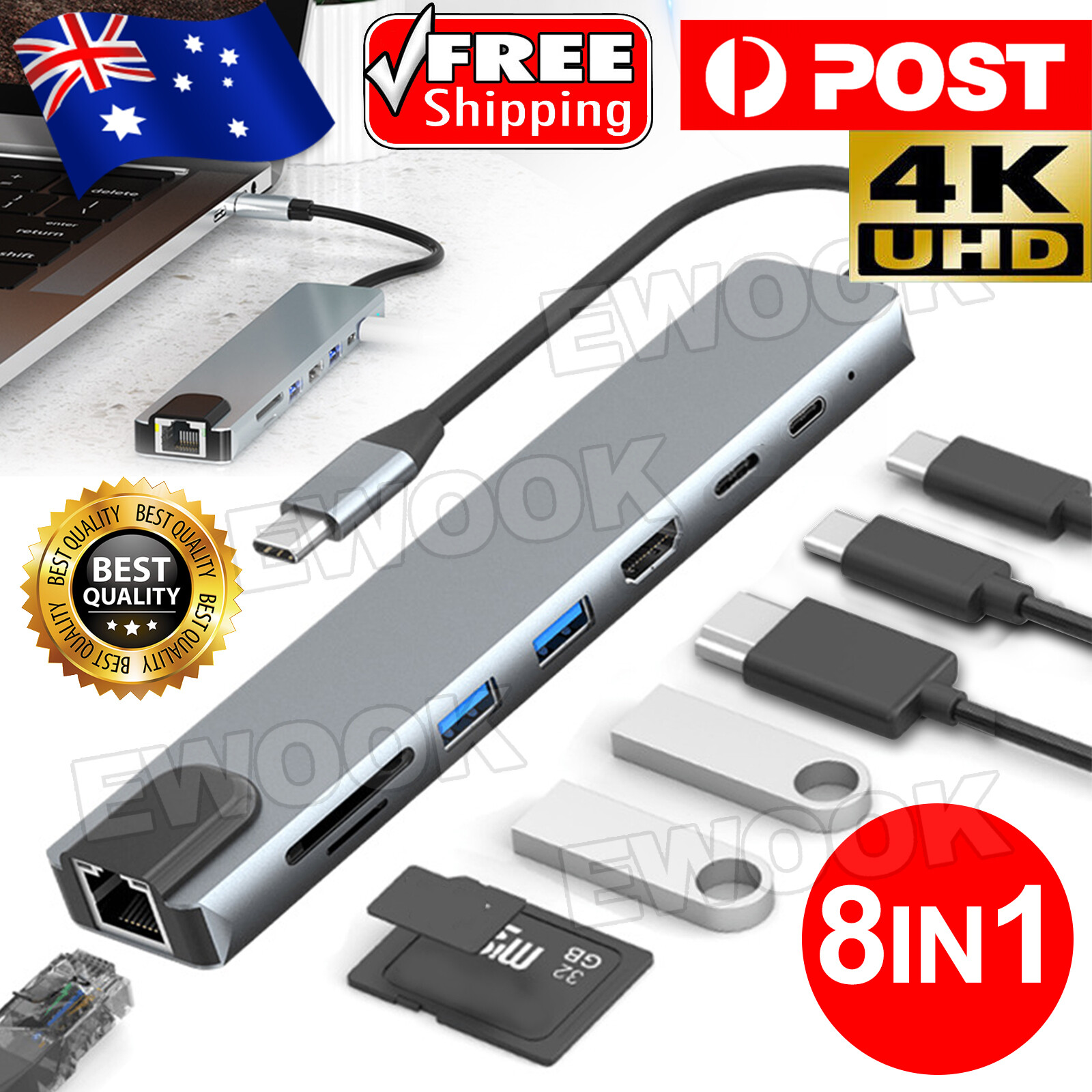 8in1 USB-C Type HD Output 4K HDMI Usb 3.0 HUB Adapter For MacBook iPad as show