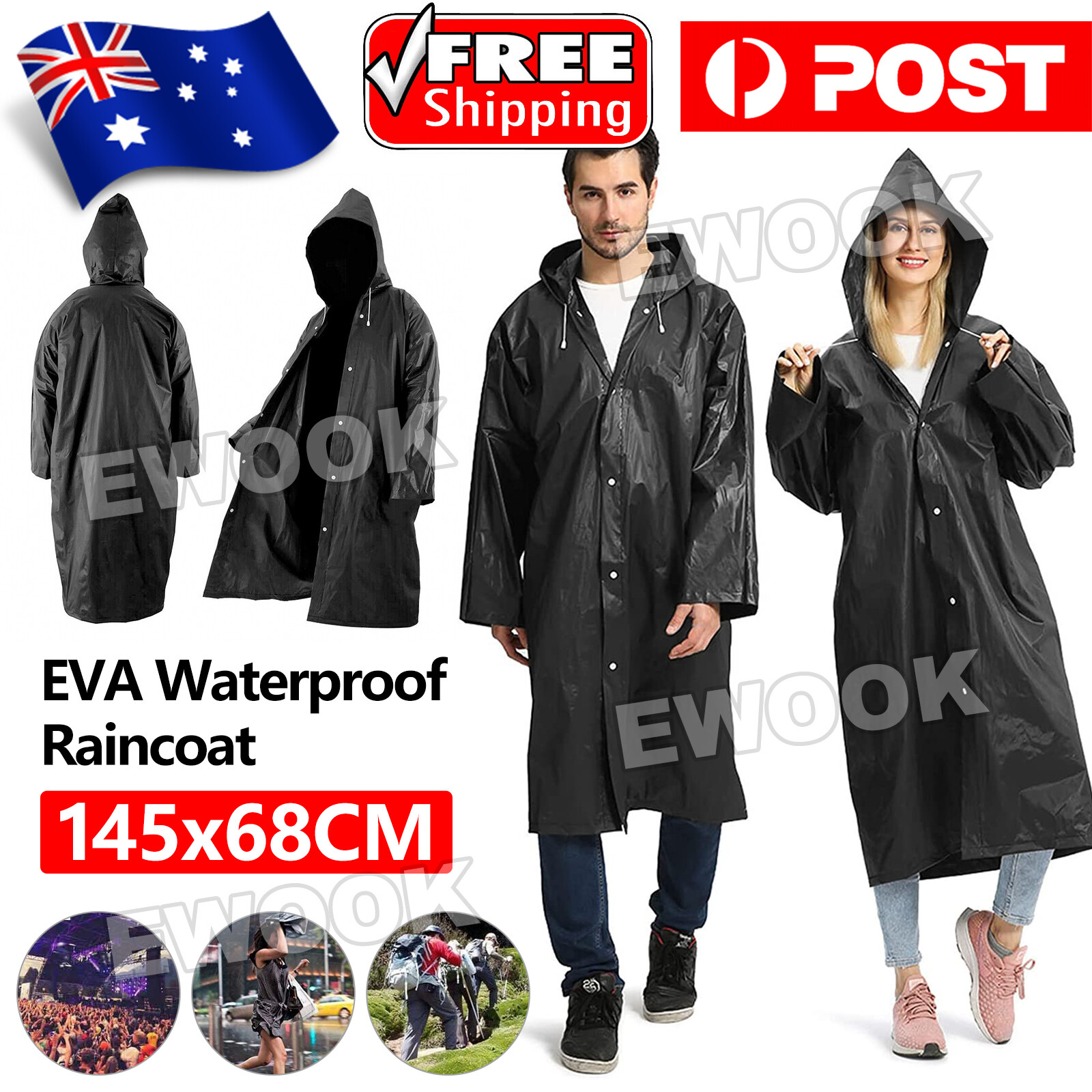 Waterproof Raincoat Jacket Black Mens Womens Long Hooded Rainwear EVA Rain Coat