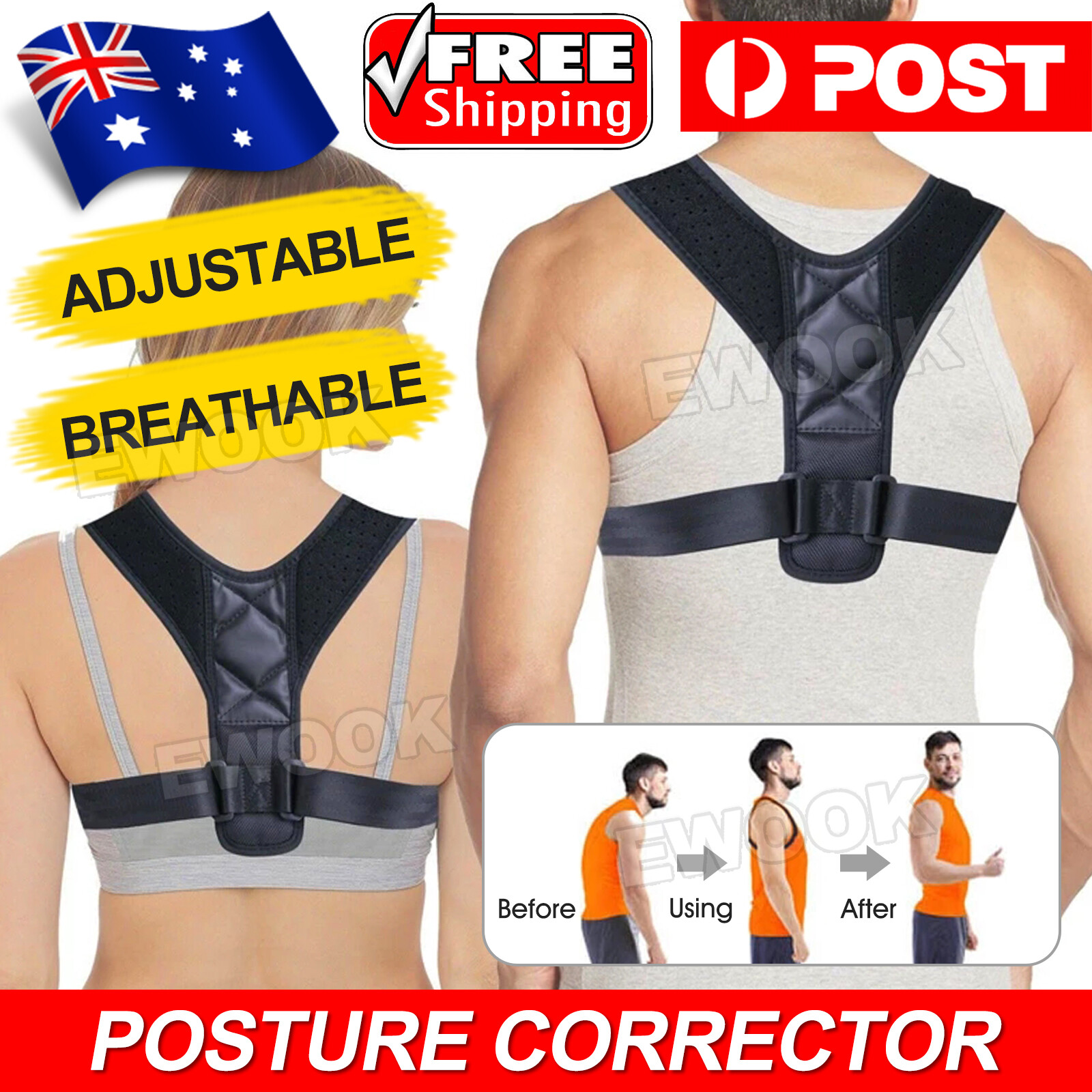 Adjustable Posture Corrector Upper Back Shoulder Support Brace Belt Strap Black
