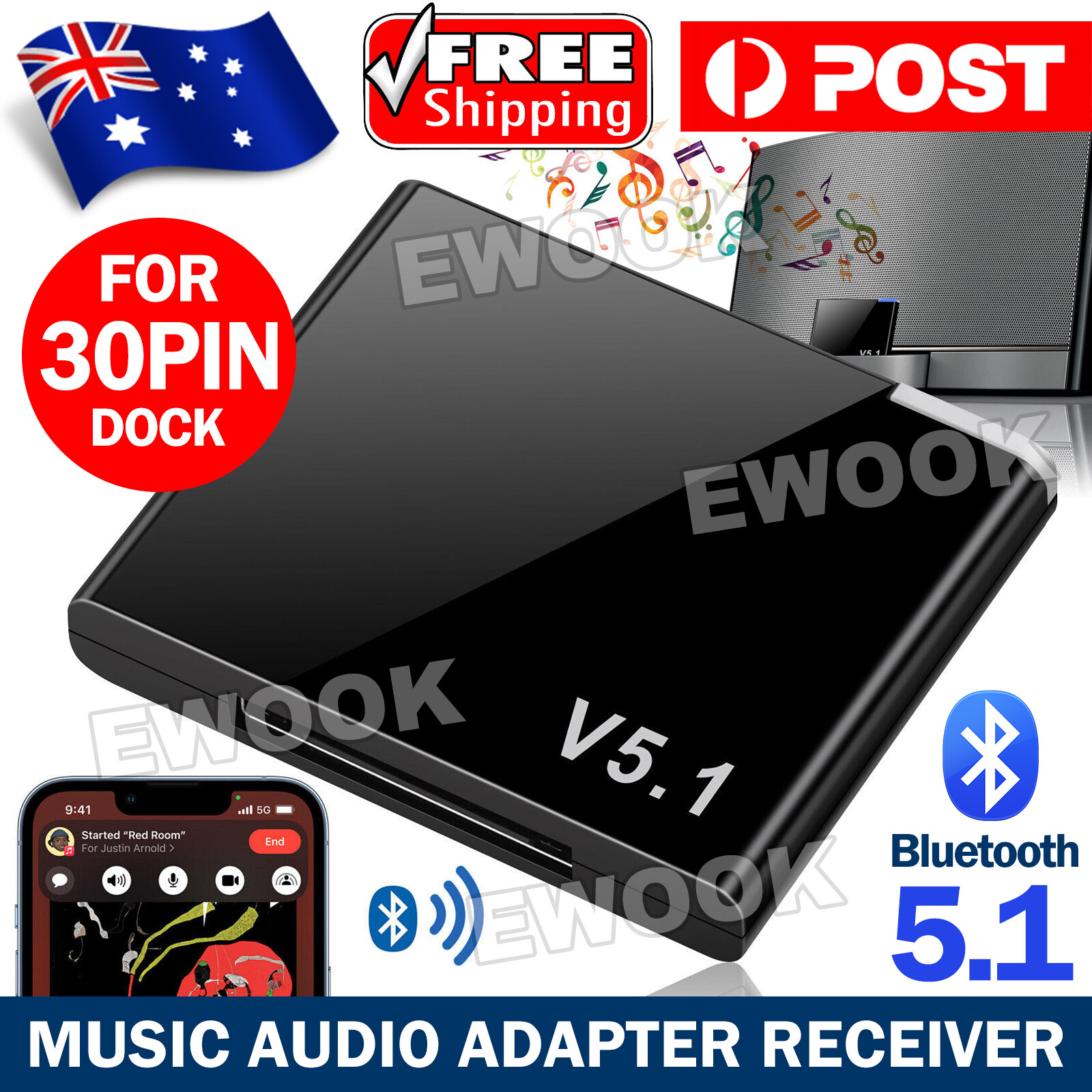 Bluetooth 5.1 Music Audio Adapter Receiver 30 Pin Dock Speaker for iPhone iPod