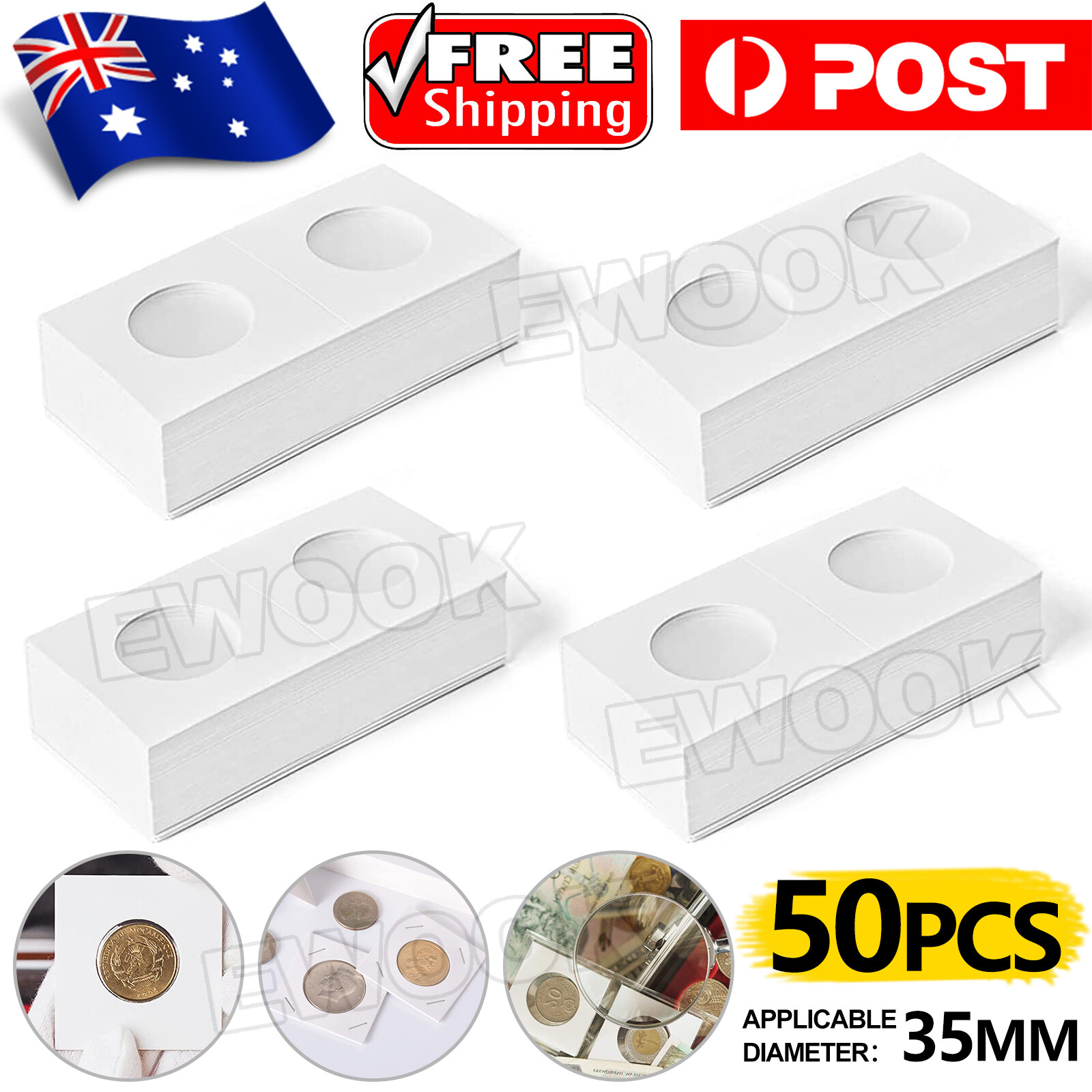 50pcs CARDBOARD 2 COIN HOLDERS 35mm SUIT 50c 20c White paper and plastic