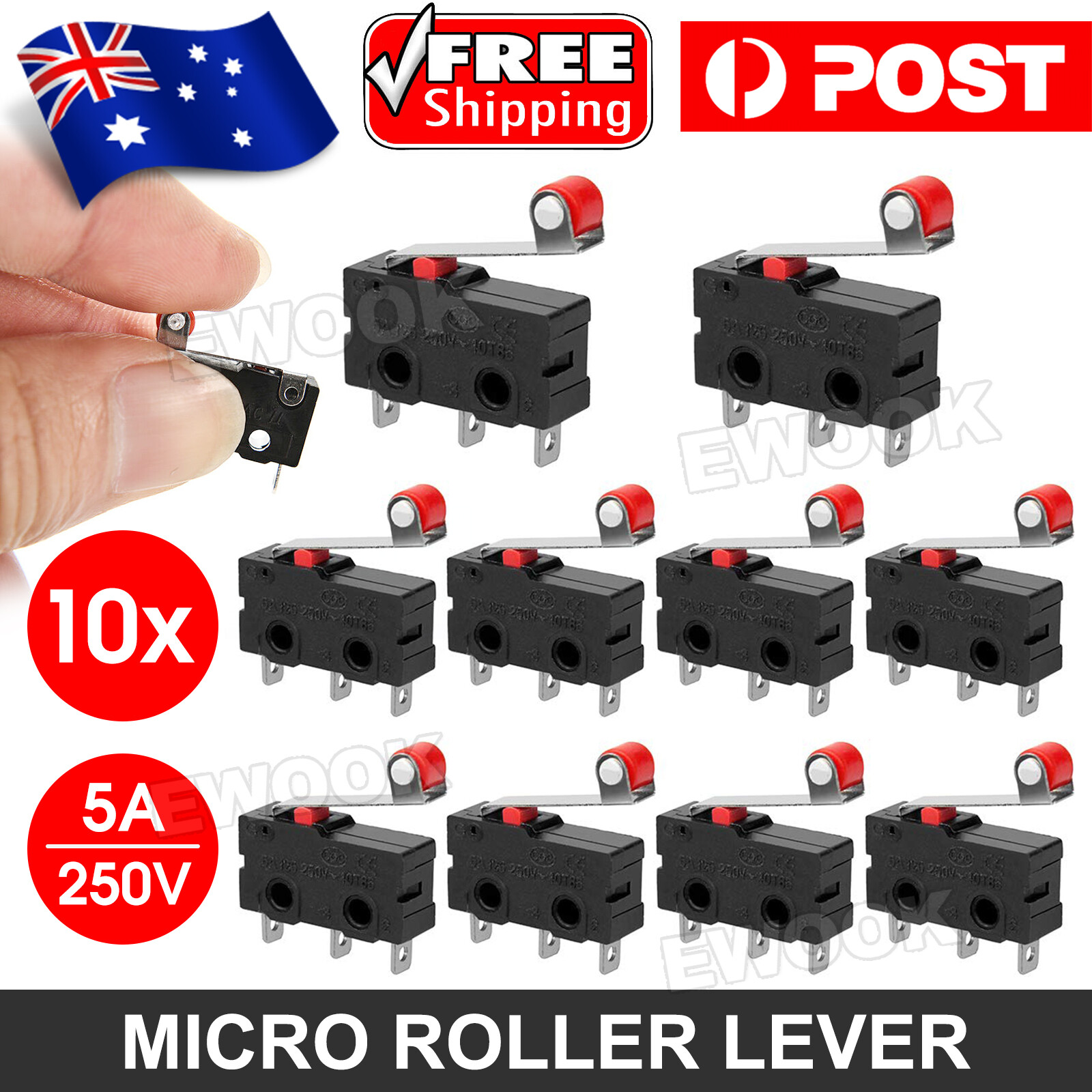 10Pcs Micro Roller Lever Arm Open Close Limit Switch KW12-3 PCB Microswitch Snap