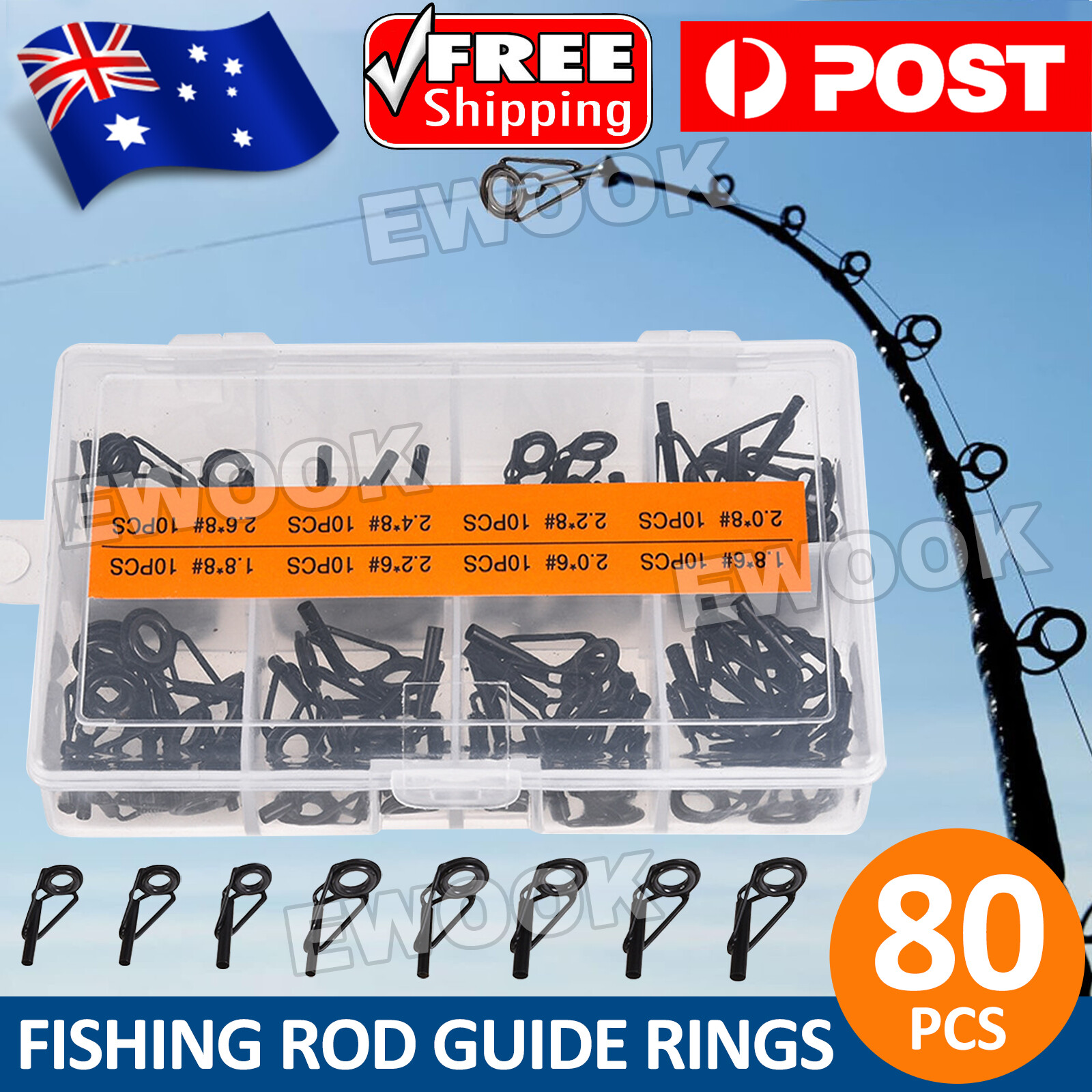 80Pcs Fishing Rod Tip Repair Kit Stainless Ceramic Ring Guide 135mm 65mm 17mm